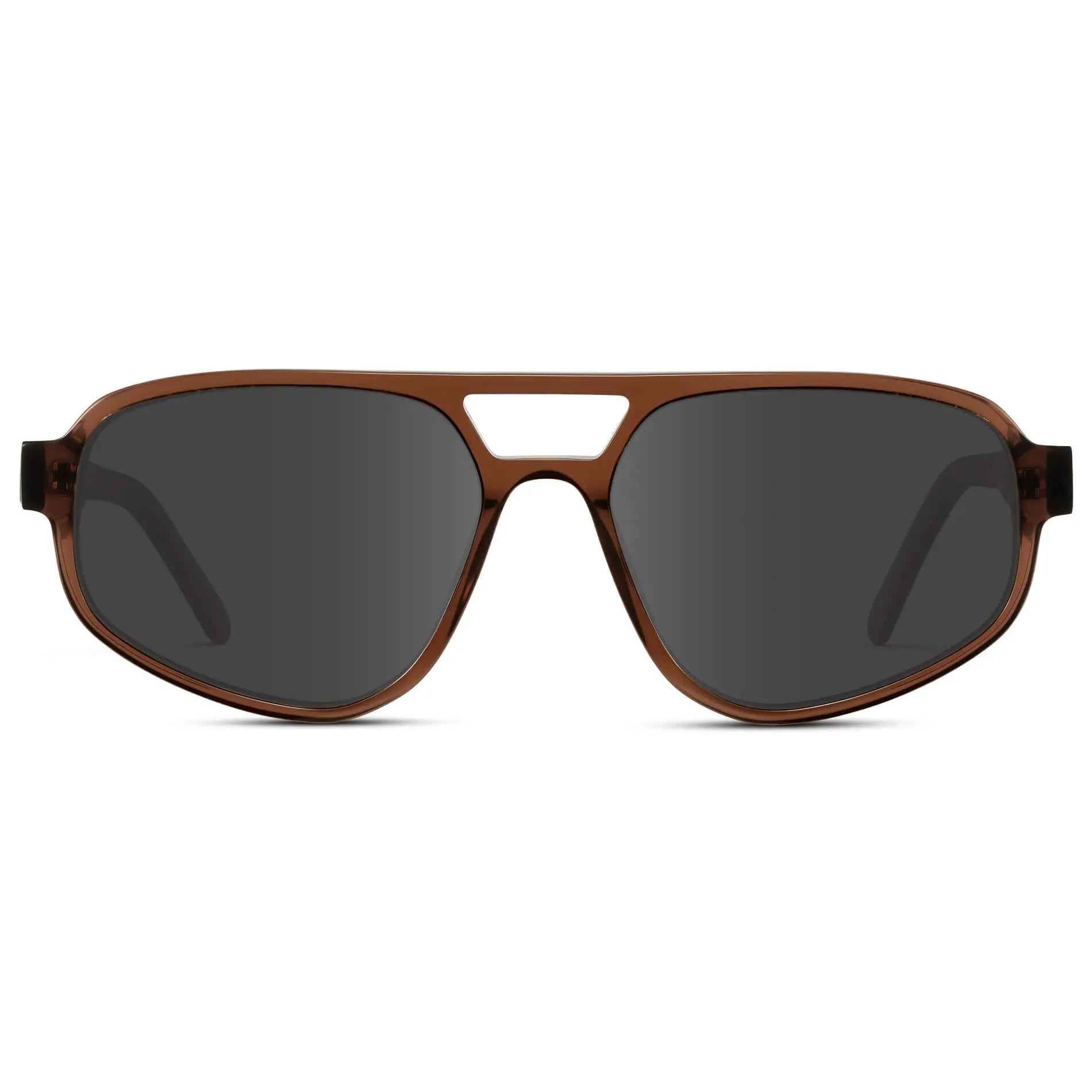 Crystal Brown / Grey || Modern Aviator Prescription Sunglasses with Crystal Brown Acetate Frame and Grey Lens on a white background