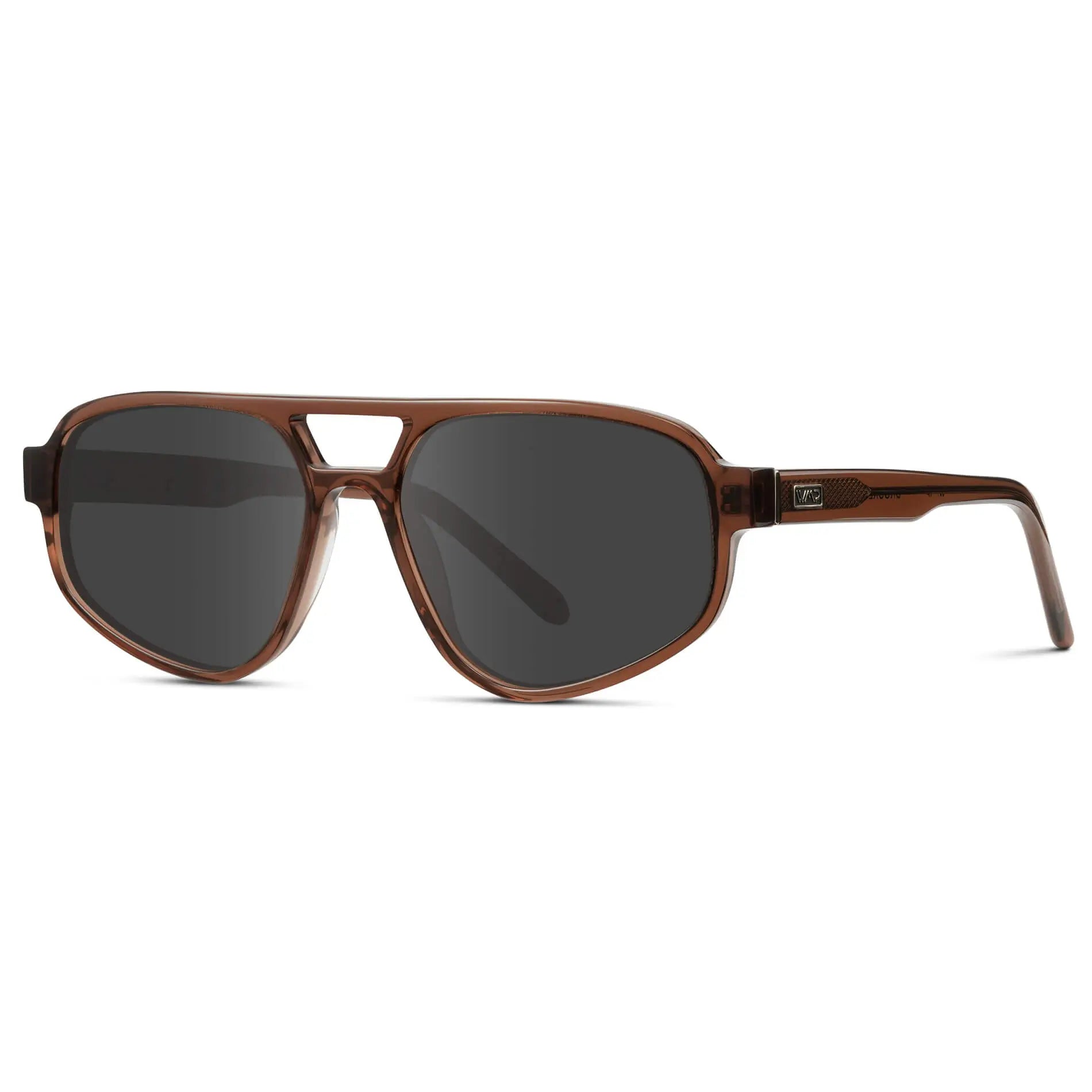Crystal Brown / Grey || Side view of Modern Aviator Prescription Sunglasses with Crystal Brown Acetate Frame and Grey Lens on a white background