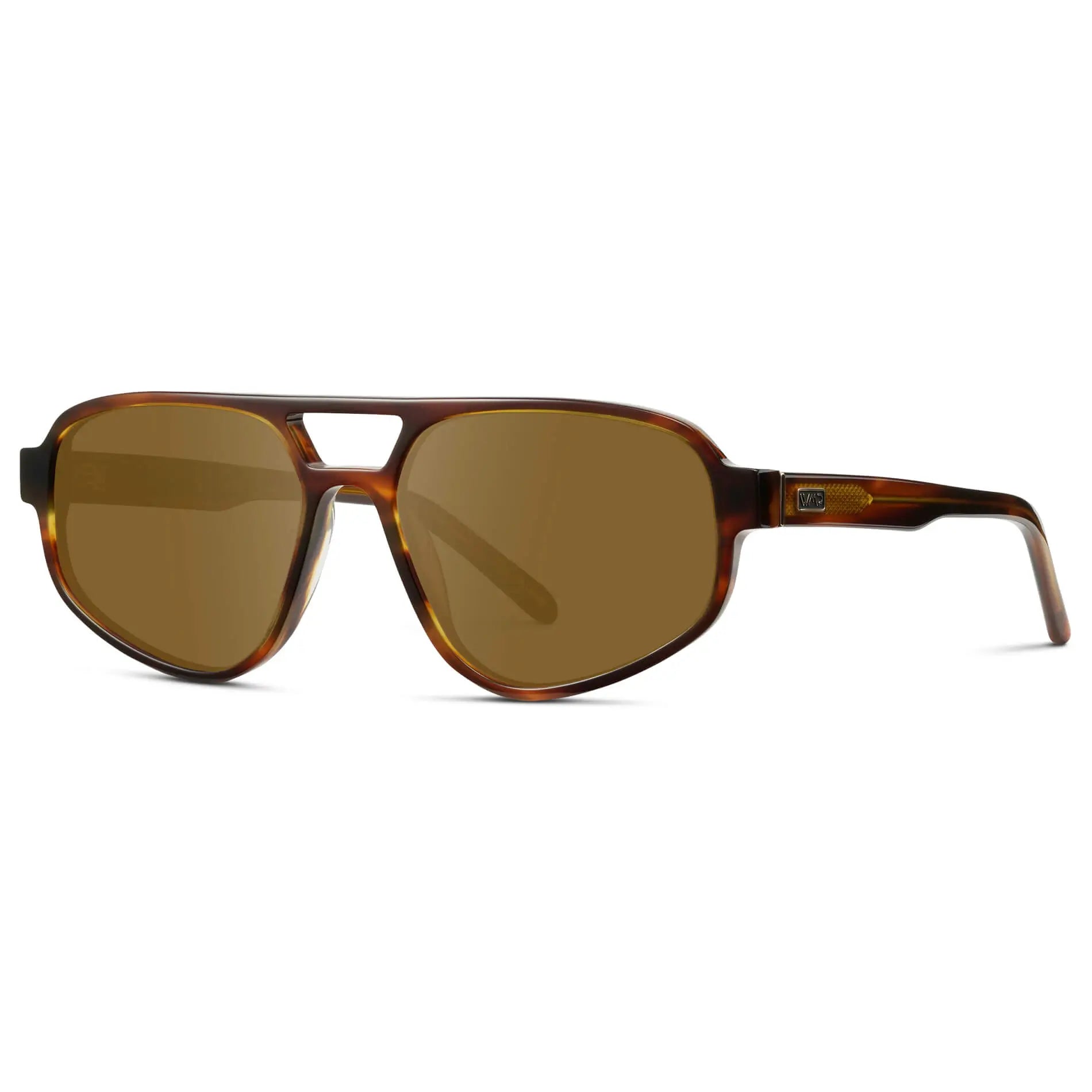 Golden Brown Grain / Amber || Side view of Modern Aviator Prescription Sunglasses  with Golden Brown Grain Acetate Frames and Brown Lenses on a white background