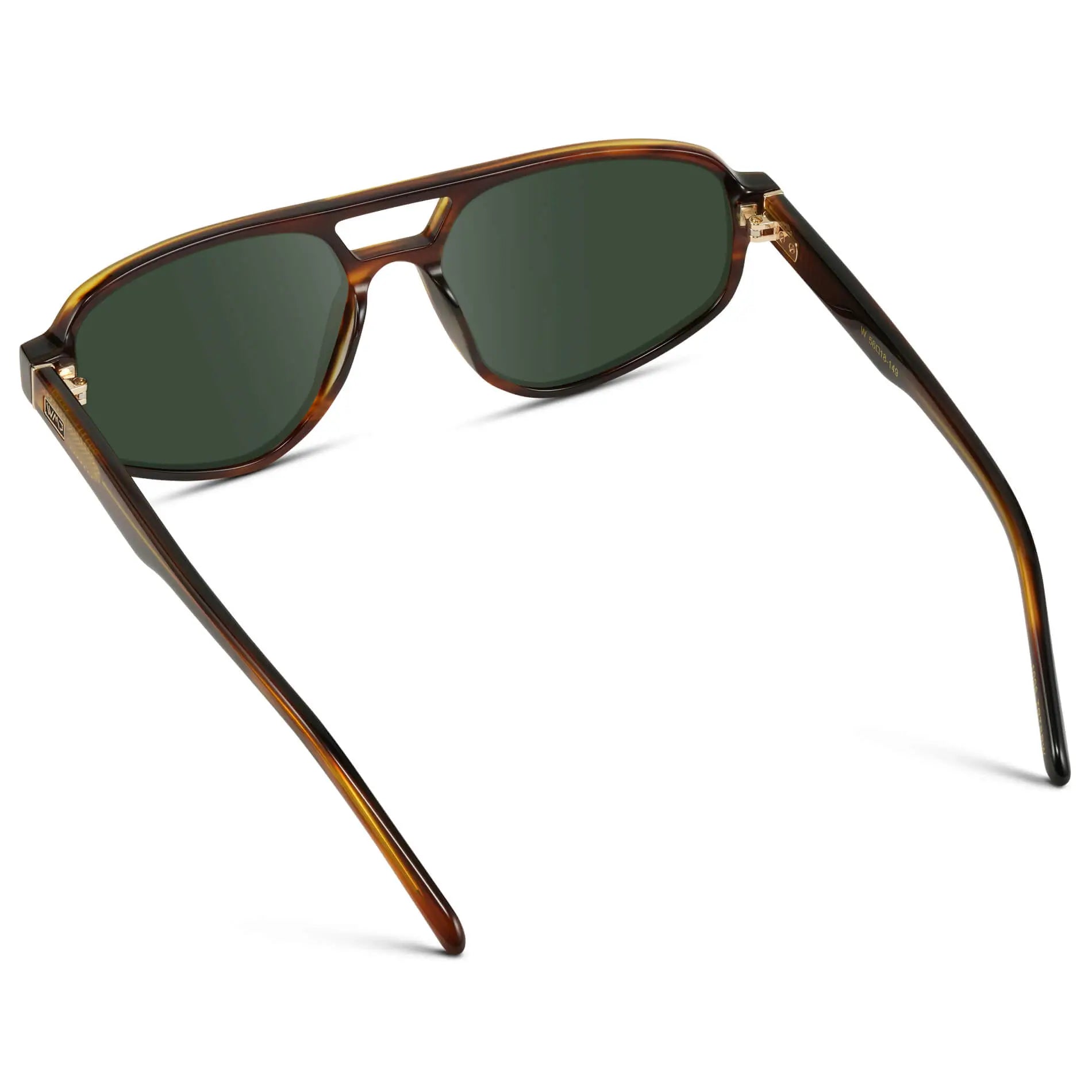 Golden Brown Grain / G15 || Back view of Modern Aviator Prescription Sunglasses with Golden Brown Grain Acetate Frames and Green Lenses on a white background