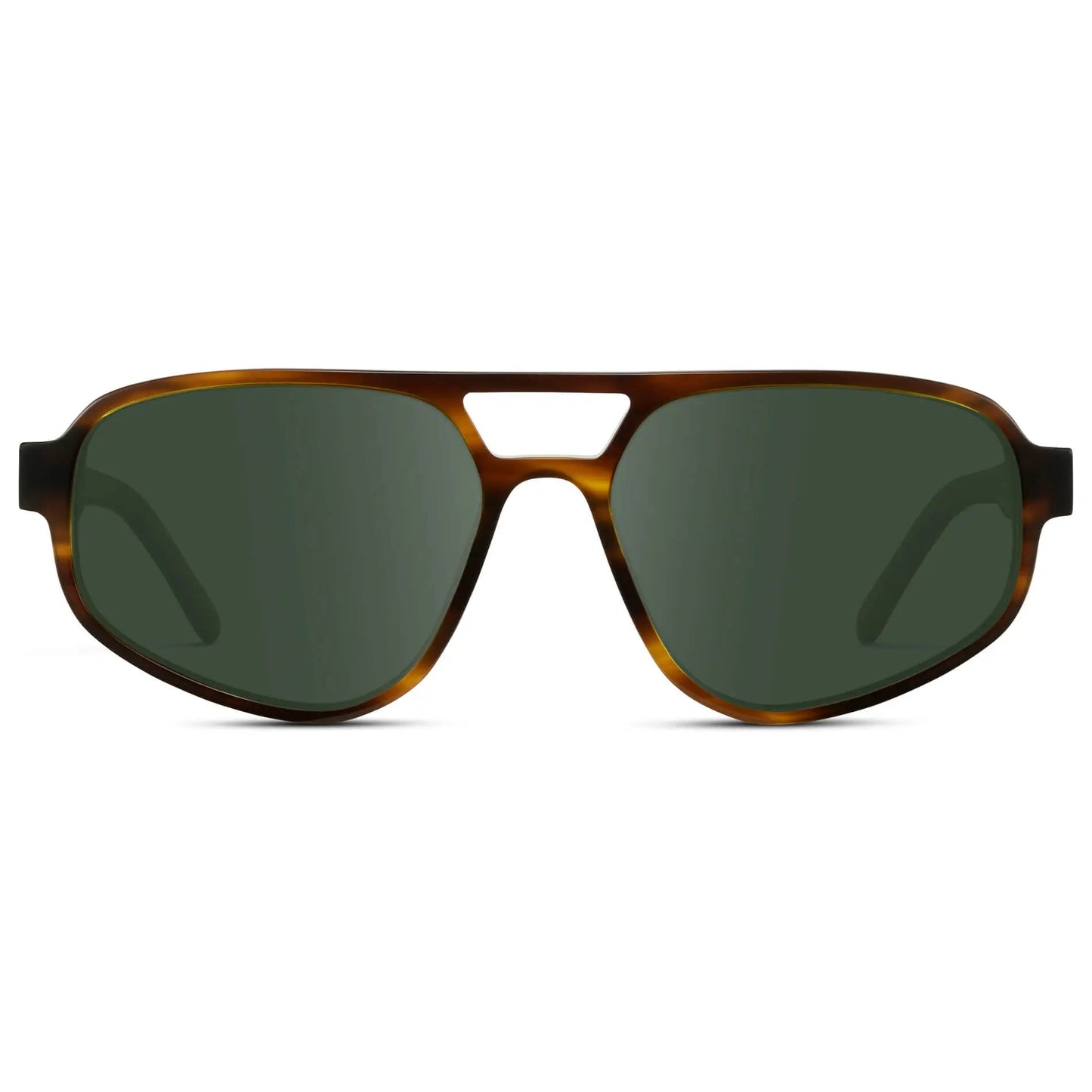 Golden Brown Grain / G15 || Modern Aviator Prescription Sunglasses with Golden Brown Grain Acetate Frames and Green Lenses on a white background