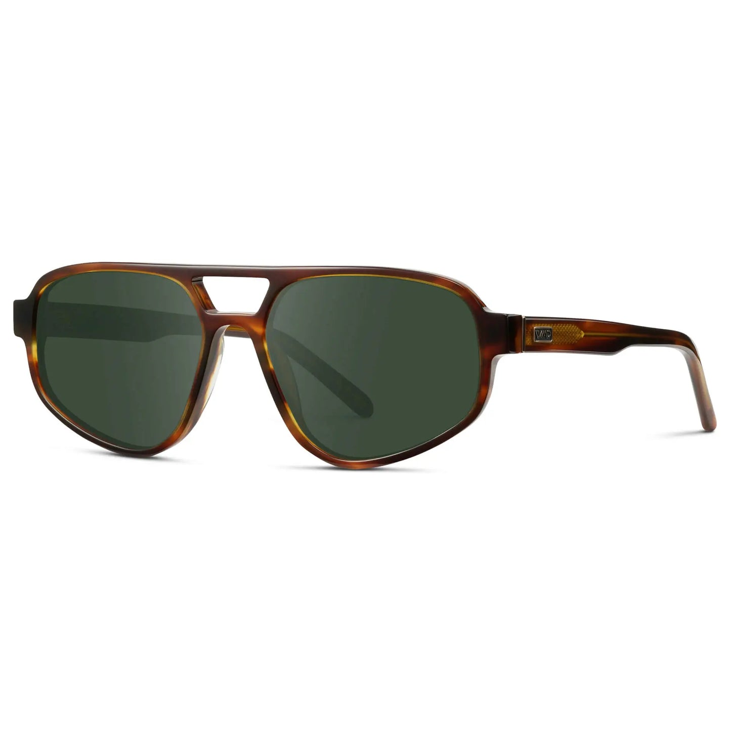 Golden Brown Grain / G15 || Side view of Modern Aviator Prescription Sunglasses with Golden Brown Grain Acetate Frames and Green Lenses on a white background