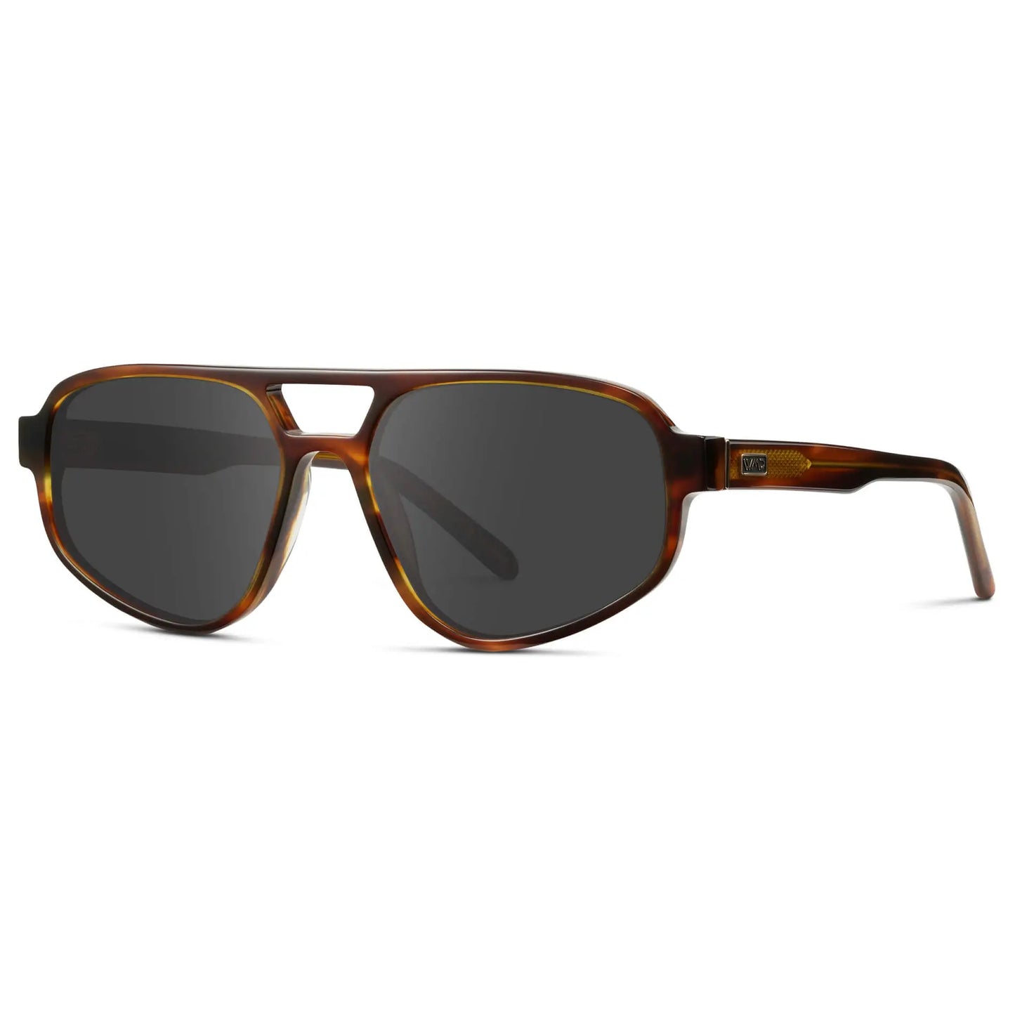 Golden Brown Grain / Grey || Side view of Modern Aviator Prescription Sunglasses with Golden Brown Grain Acetate Frames and Grey Lenses on a white background