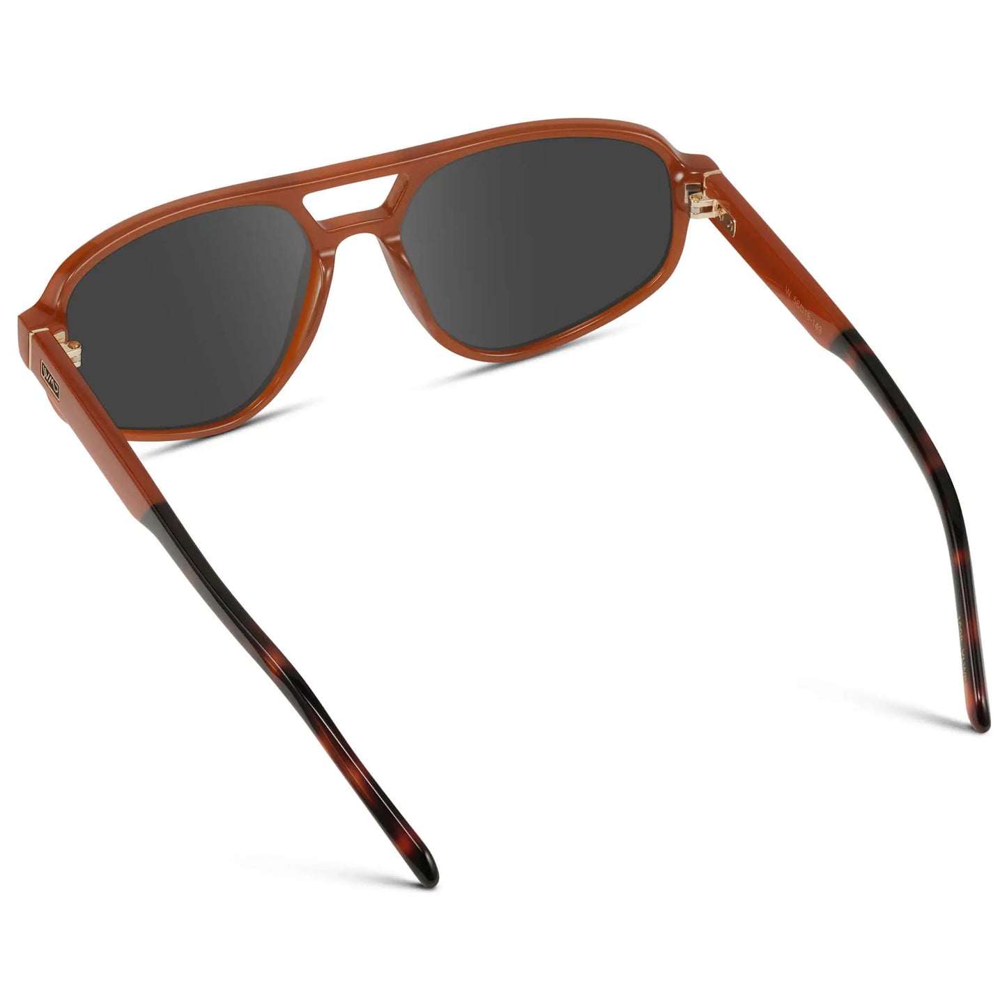 Milky Rust Tortoise / Grey || Back view of Modern Aviator Prescription Sunglasses with Milky Rust Tortoise Acetate Frame and Grey Lenses on a white background
