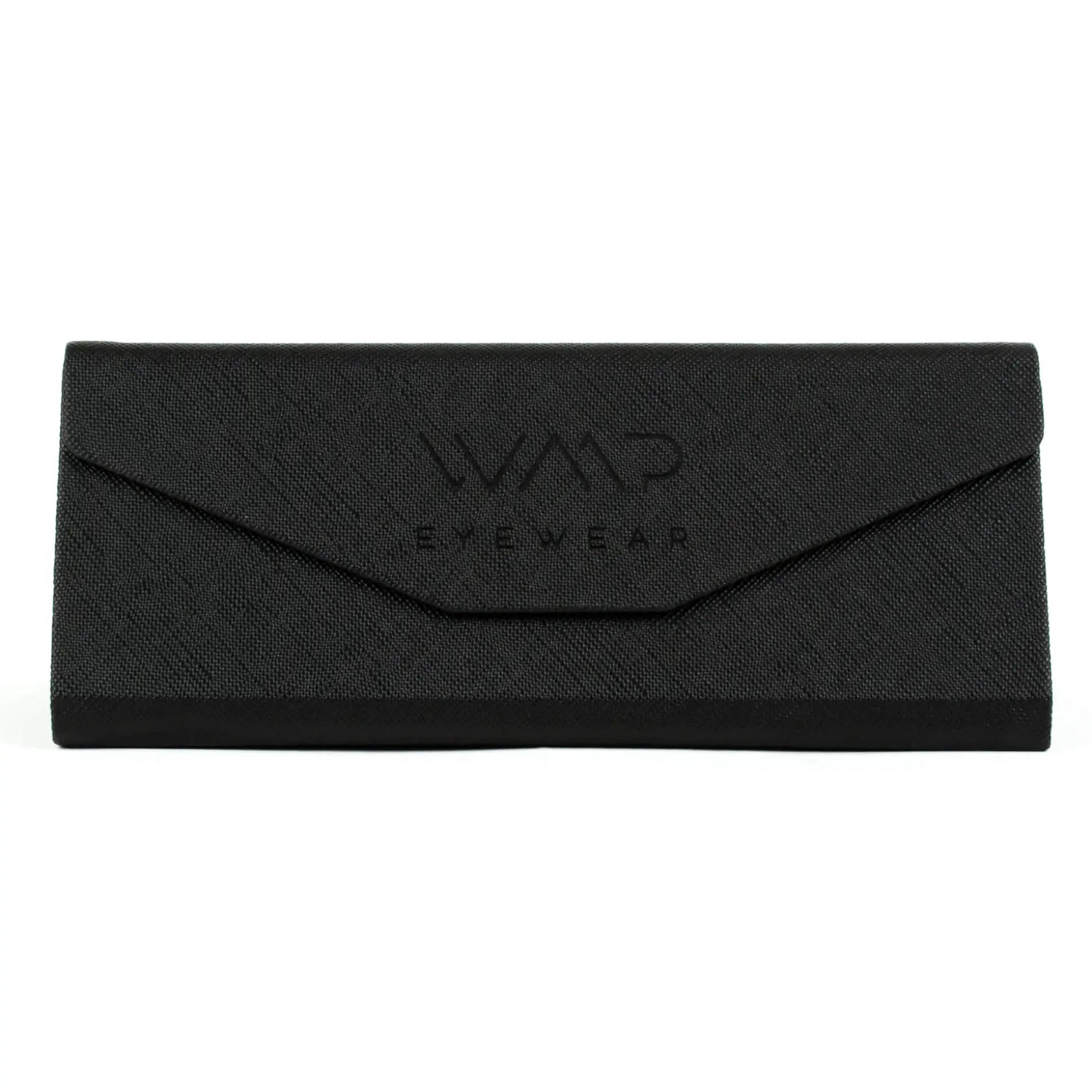Black textured foldable eyewear case with magnetic closure designed for premium protection and style.