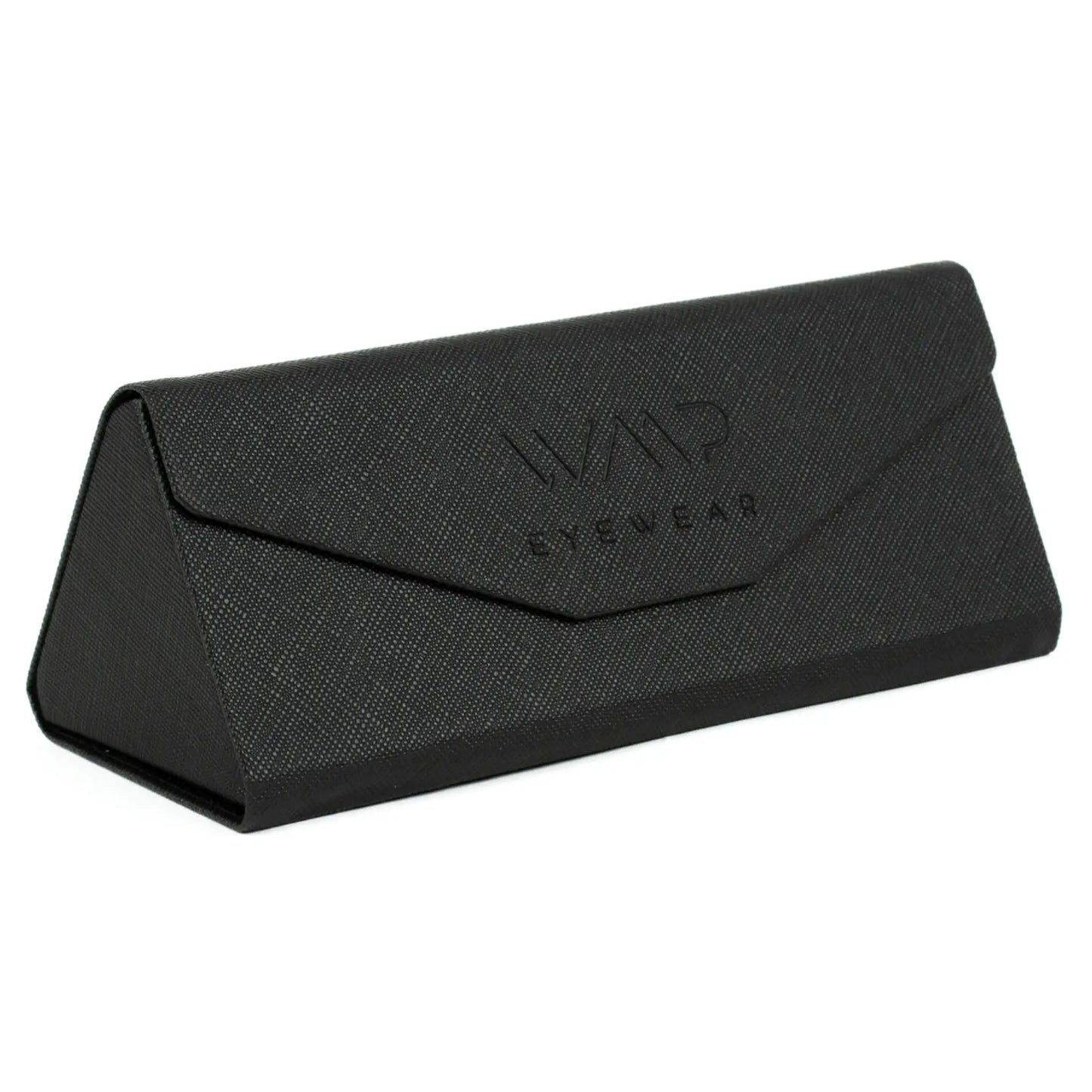 Black textured foldable eyewear case with magnetic closure designed for protective storage.