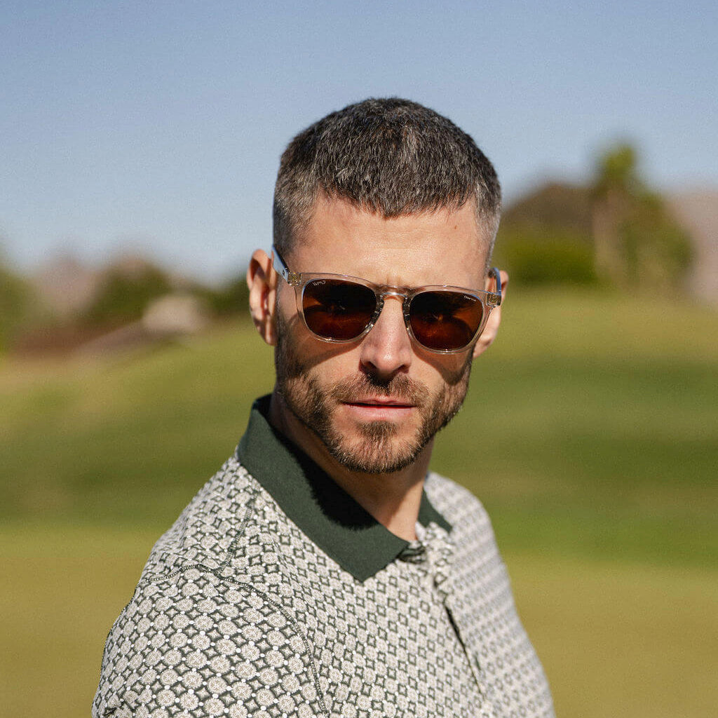 Crystal Ice Grey / Brown Lens || Clear Round Frame Sunglasses with Brown Polarized Lenses