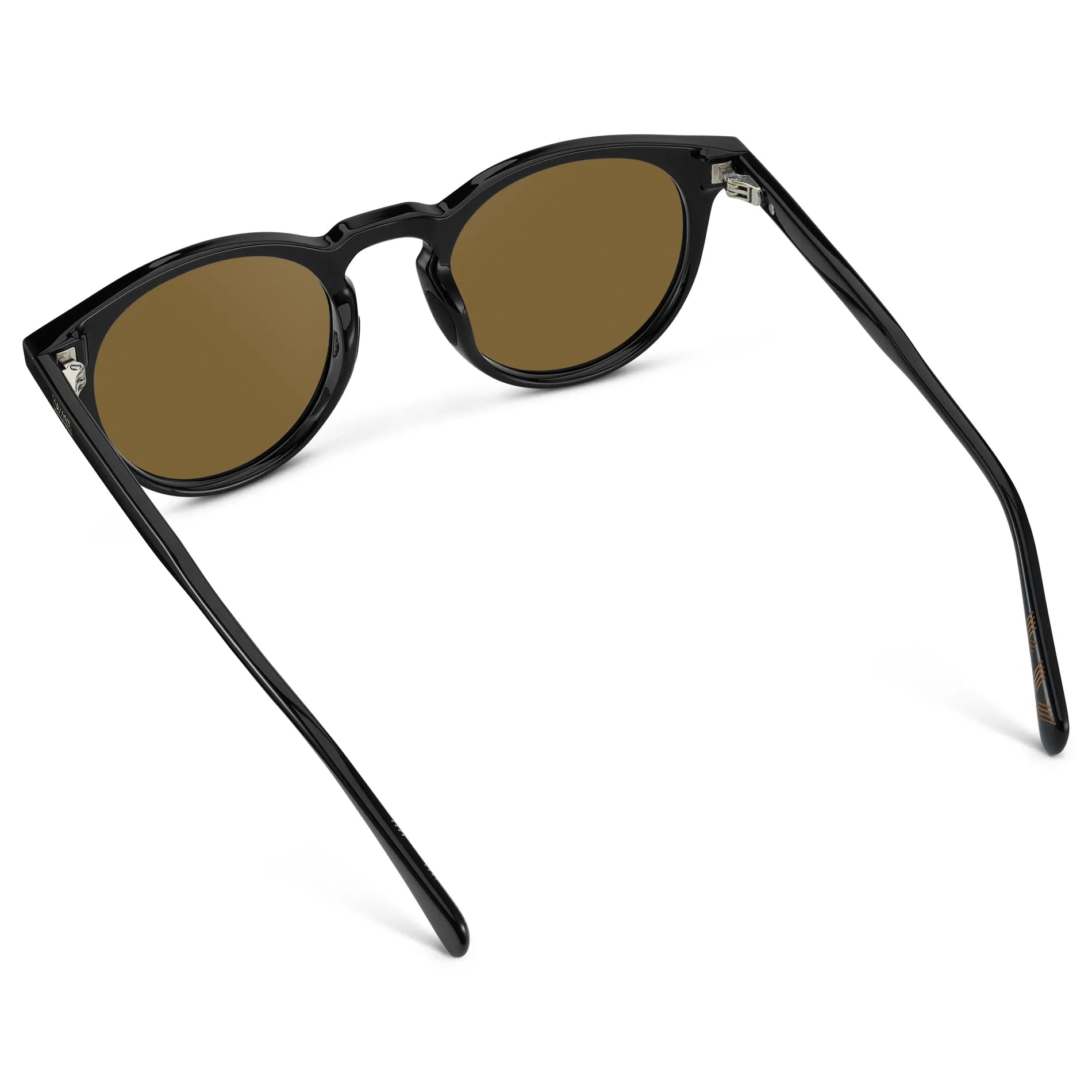 Black / Amber || Back view of Men's Round Prescription Sunglasses with Black Frame and Brown Lens on a white background