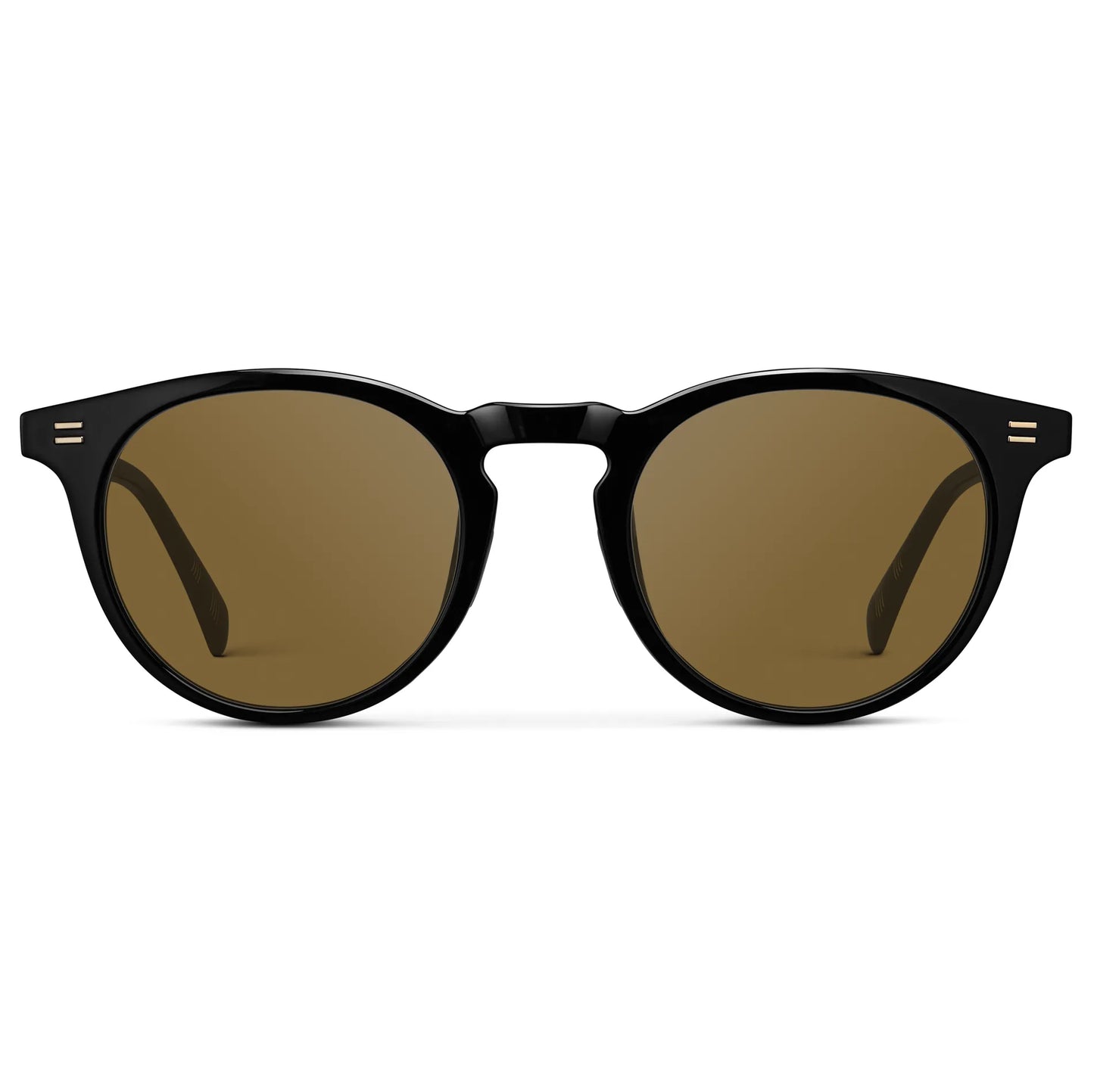 Black / Amber || Men's Round Prescription Sunglasses with Black Frame and Brown Lens on a white background
