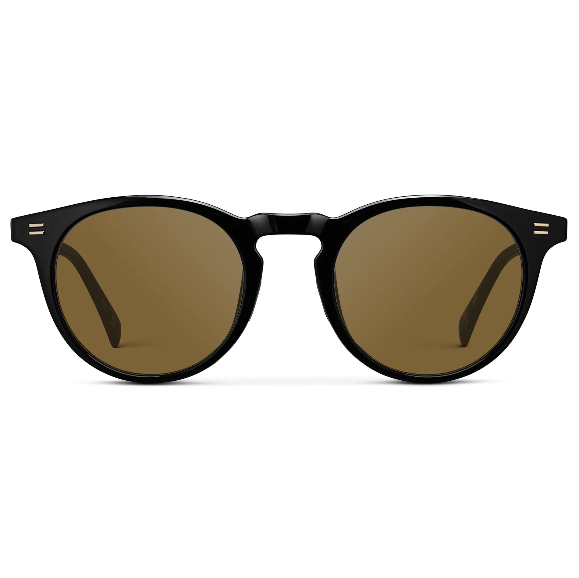 Black / Amber || Men's Round Prescription Sunglasses with Black Frame and Brown Lens on a white background