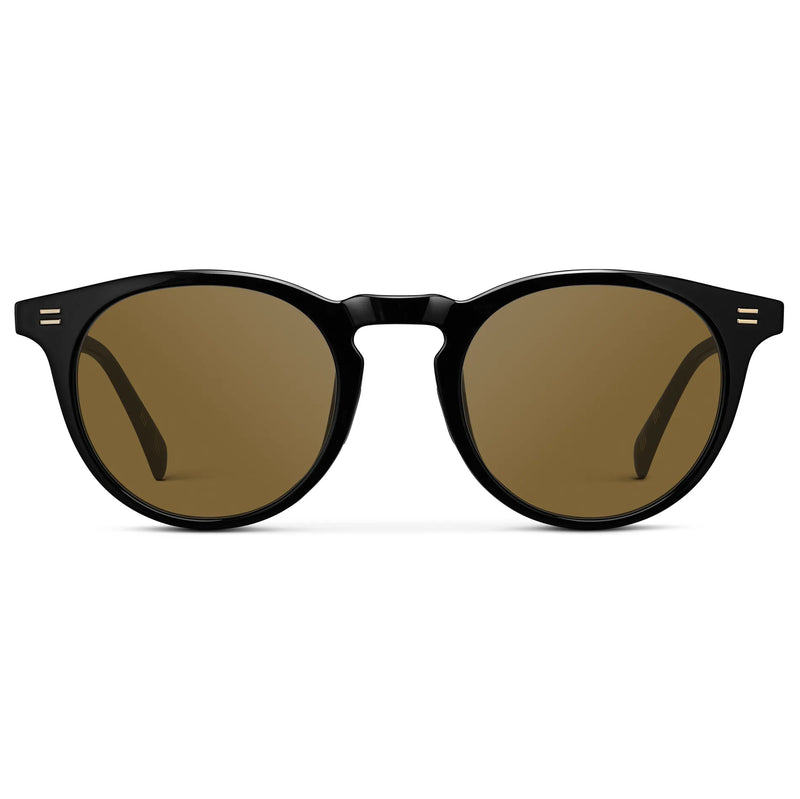 Black / Amber || Men's Round Prescription Sunglasses with Black Frame and Brown Lens on a white background