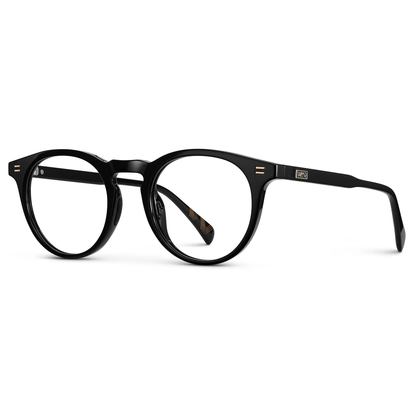 Black || Side view of Men's Round Prescription Glasses with Black Frame and Clear Lens on a white background