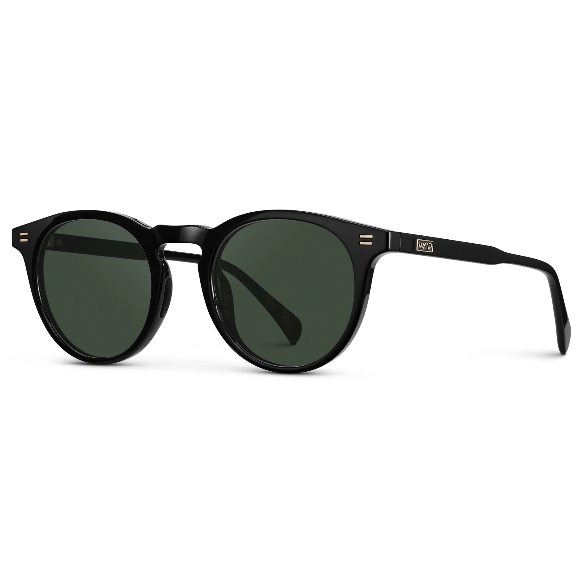 Black / G15 || Side view of Men's Round Prescription Sunglasses with Black Frame and Green Lens on a white background