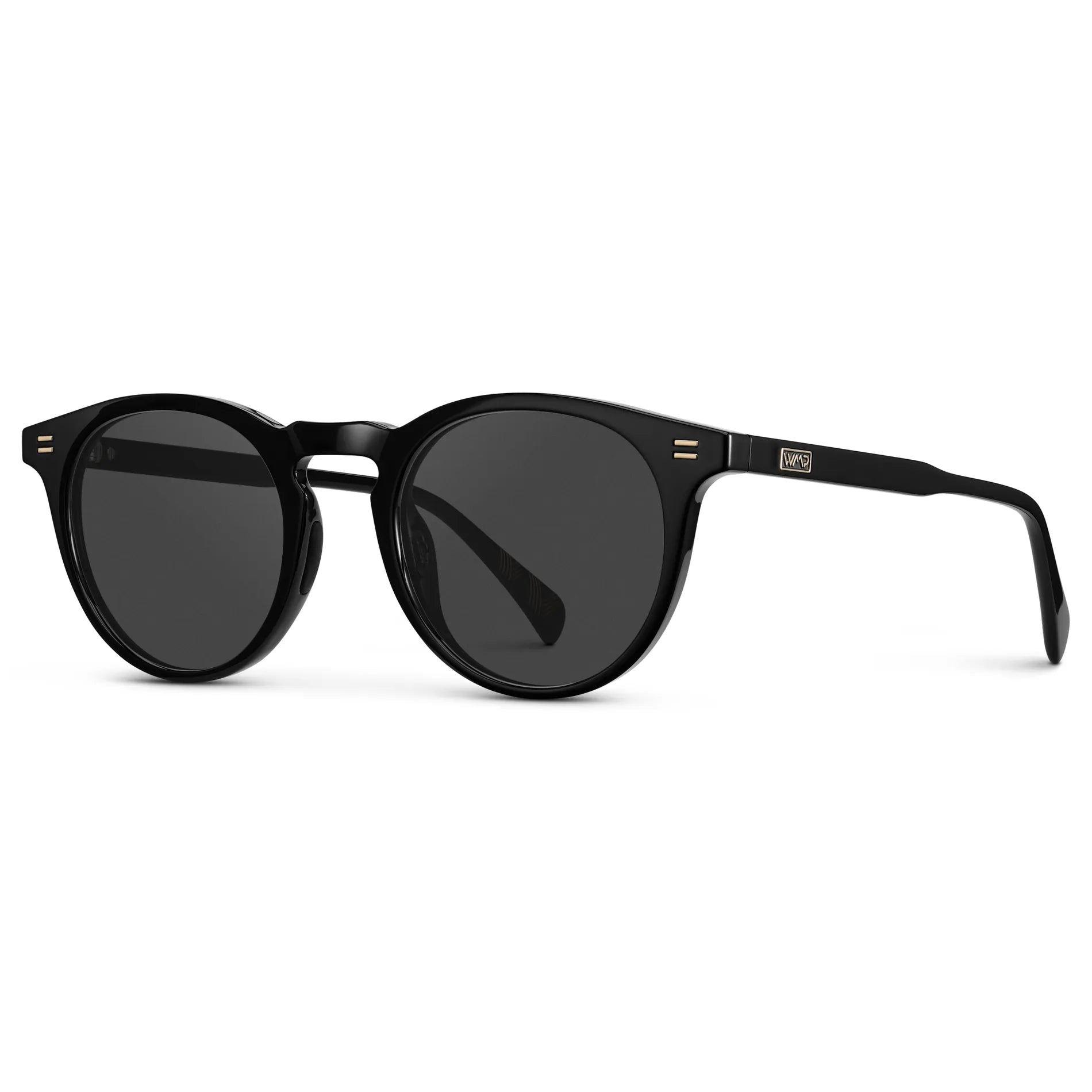 Black / Grey || Side view of Men's Round Prescription Sunglasses with Black Frame and Grey Lens on a white background