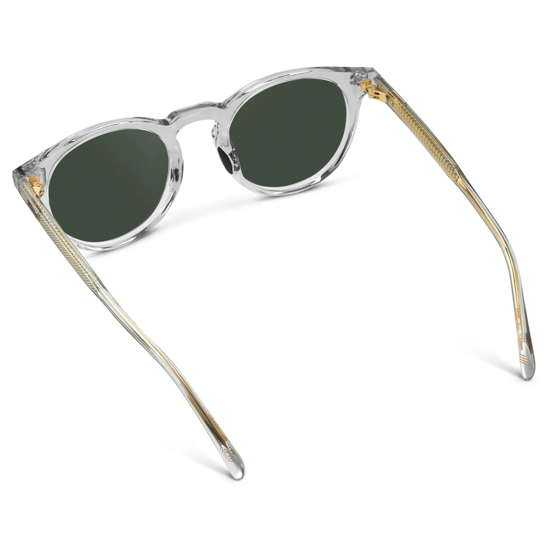 Crystal Ice Grey / G15 || Back view of Men's Round Prescription Sunglasses with Crystal Ice Grey Frame and Green Lens on a white background
