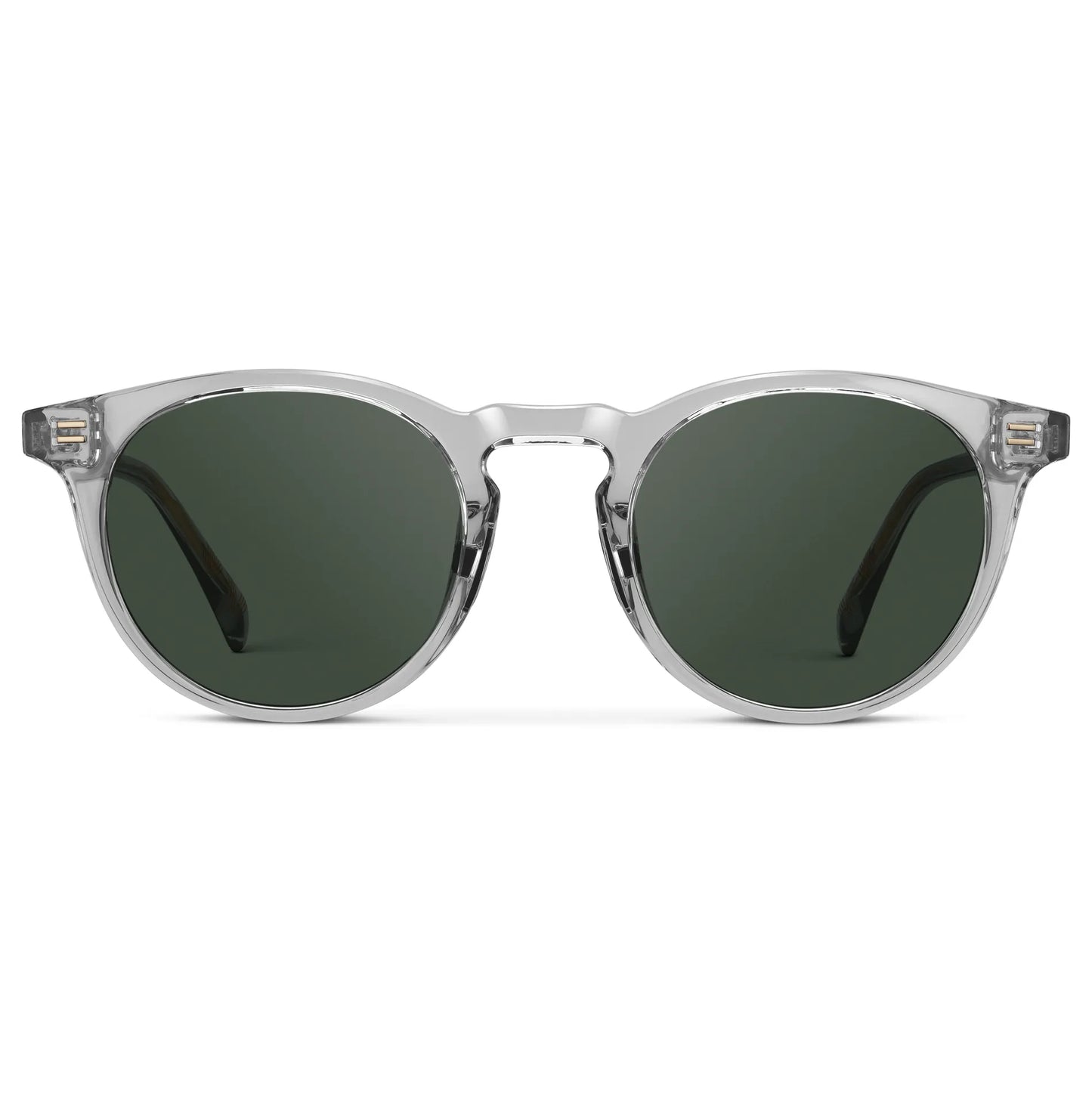 Crystal Ice Grey / G15 || Men's Round Prescription Sunglasses with Crystal Ice Grey Frame and Green Lens on a white background