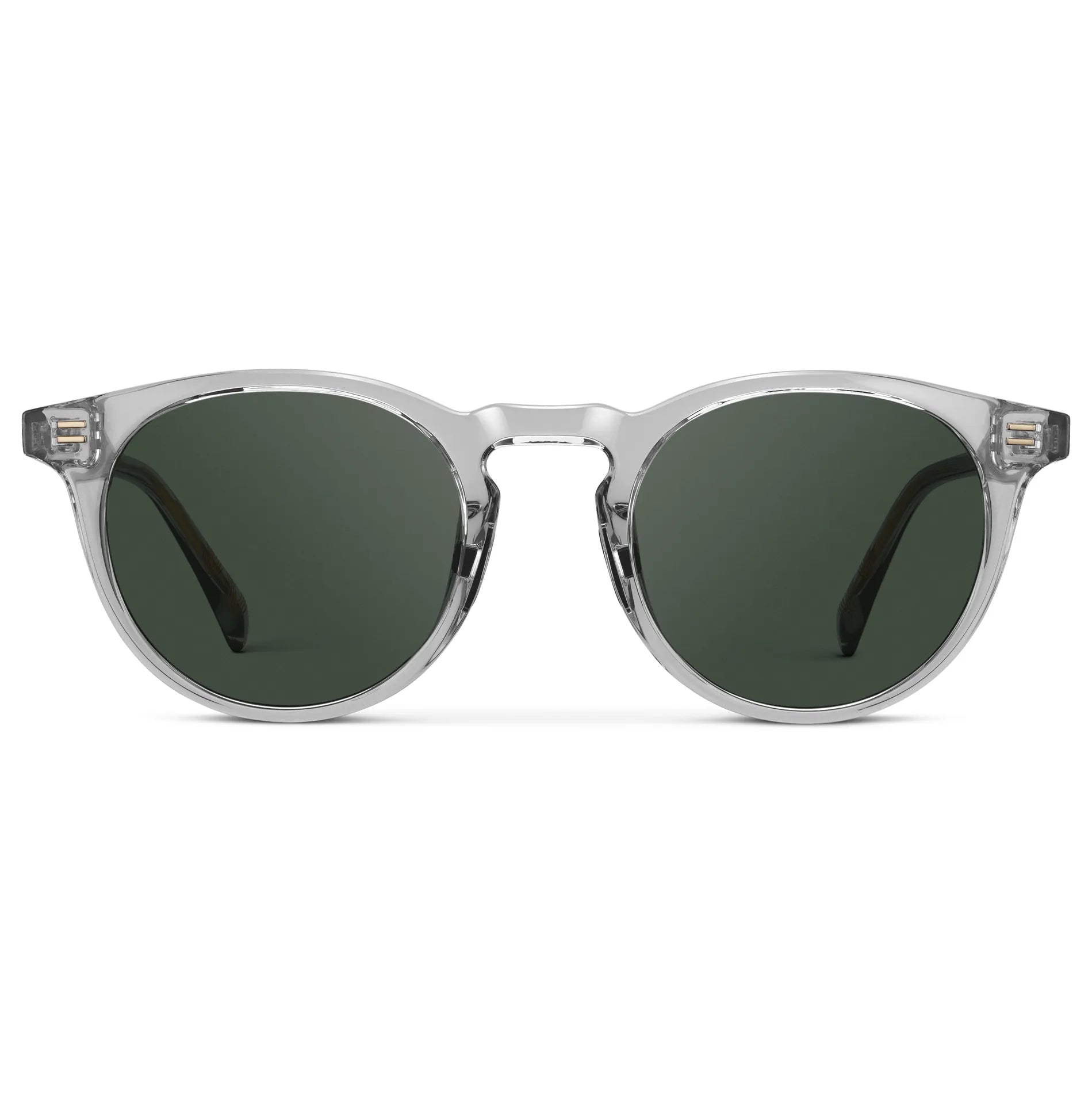 Crystal Ice Grey / G15 || Men's Round Prescription Sunglasses with Crystal Ice Grey Frame and Green Lens on a white background