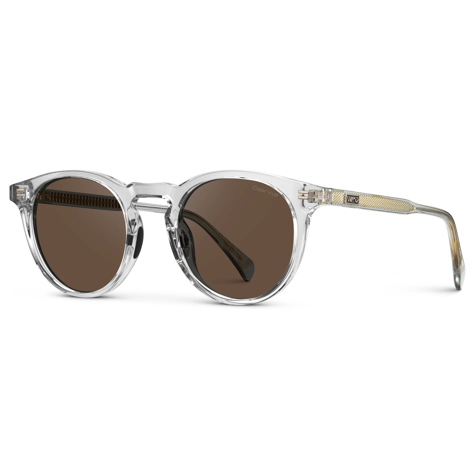 Crystal Ice Grey / Brown Lens || Side view of Men's Round Sports Performance Sunglasses with Crystal Ice Grey Acetate Frame and Brown Polarized Oleophobic Lens on a white background