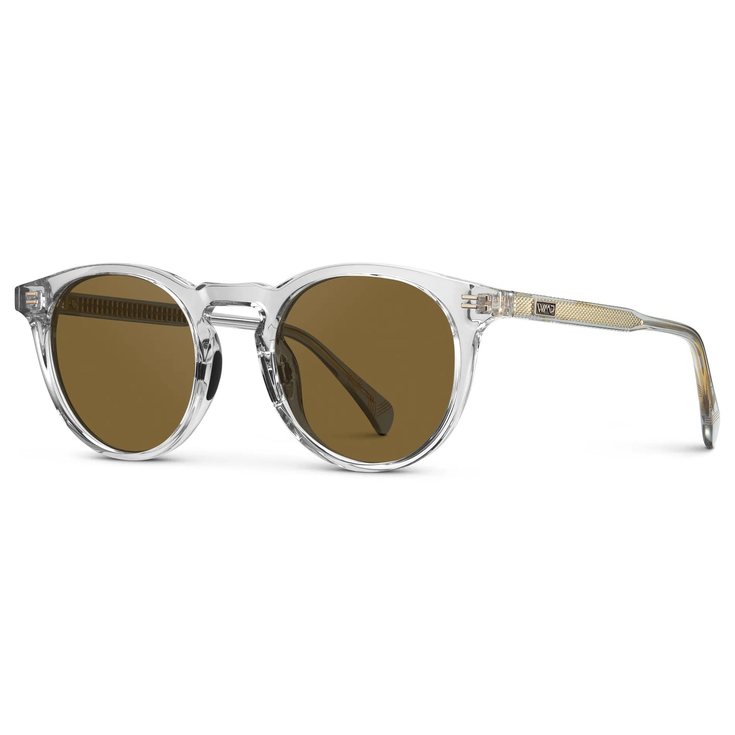 Crystal Ice Grey / Amber || Side view of Men's Round Prescription Sunglasses with Crystal Ice Grey Frame and Brown Lens on a white background
