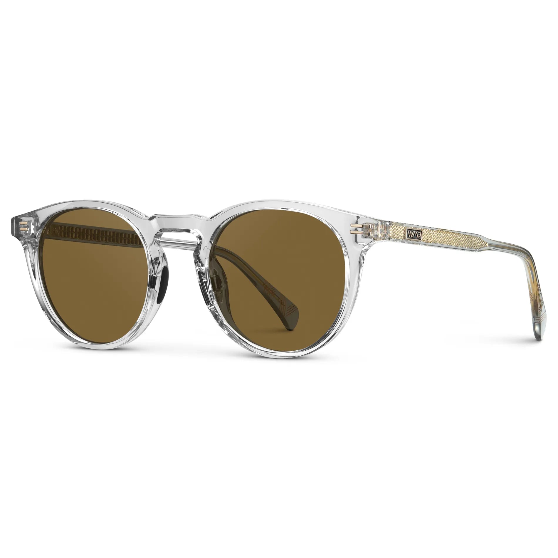 Crystal Ice Grey / Amber || Side view of Men's Round Prescription Sunglasses with Crystal Ice Grey Frame and Brown Lens on a white background