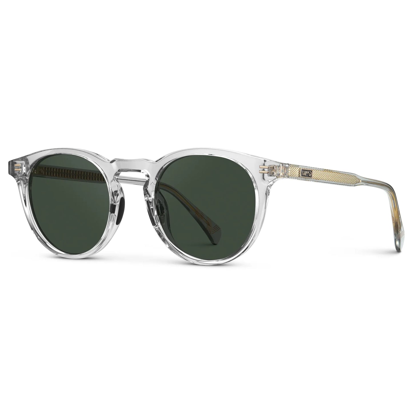 Crystal Ice Grey / G15 || Side view of Men's Round Prescription Sunglasses with Crystal Ice Grey Frame and Green Lens on a white background