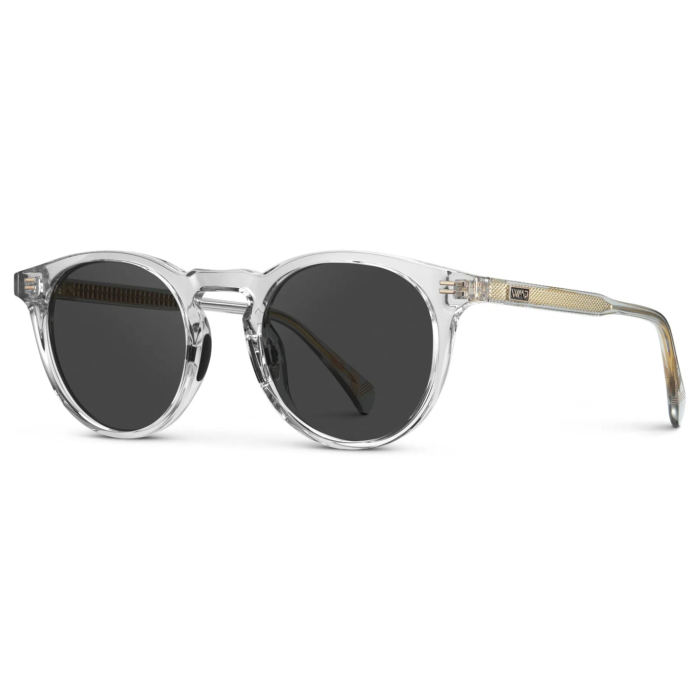 Crystal Ice Grey / Grey || Side view of Men's Round Prescription Sunglasses with Crystal Ice Grey Frame and Grey Lens on a white background