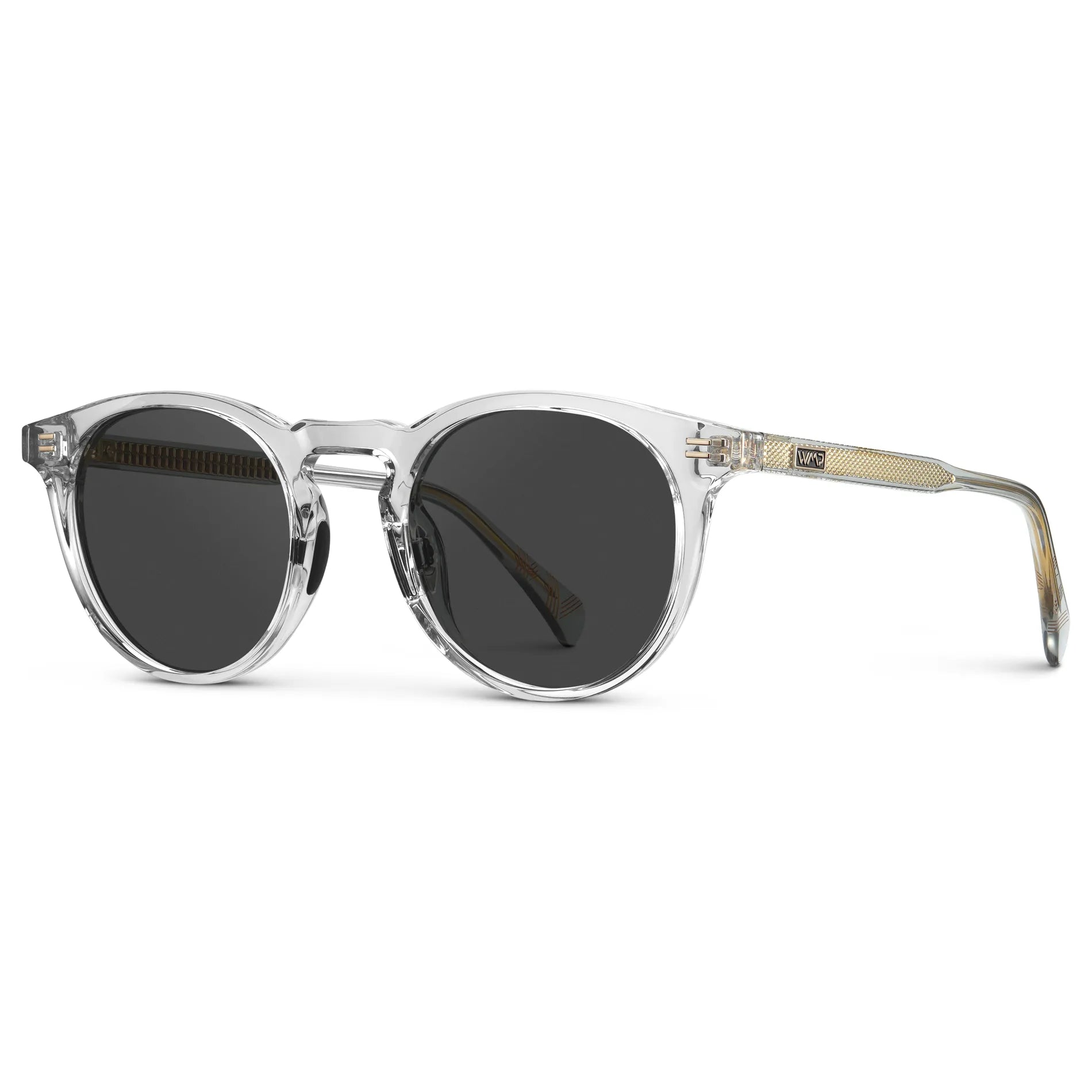 Crystal Ice Grey / Grey || Side view of Men's Round Prescription Sunglasses with Crystal Ice Grey Frame and Grey Lens on a white background