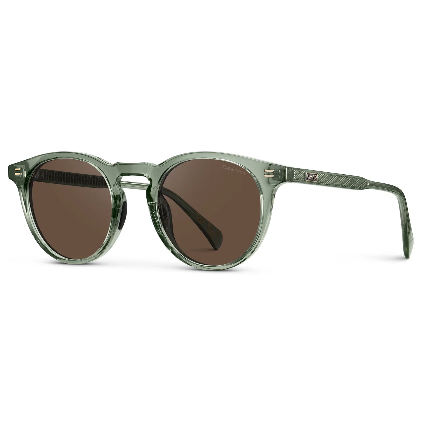 Agave Green / Brown Lens || Side view of Men's Round Sports Performance Sunglasses with Agave Green Acetate Frame and Brown Polarized Oleophobic Lens on a white background