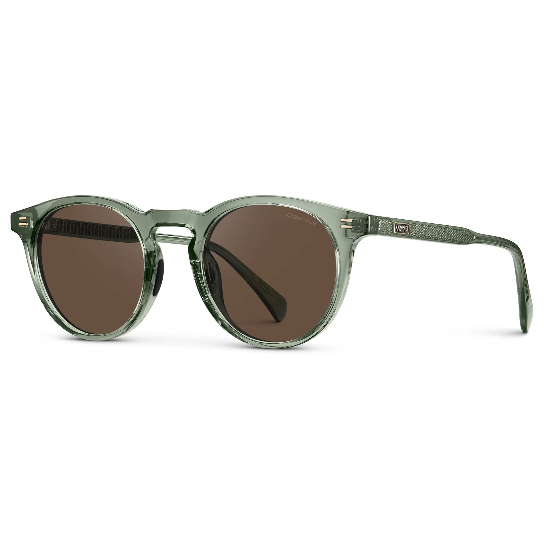 Agave Green / Brown Lens || Side view of Men's Round Sports Performance Sunglasses with Agave Green Acetate Frame and Brown Polarized Oleophobic Lens on a white background