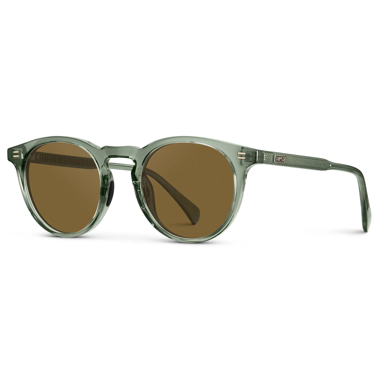 Agave Green / Amber || Side view of Men's Round Prescription Sunglasses with Agave Green Frame and Brown Lens on a white background