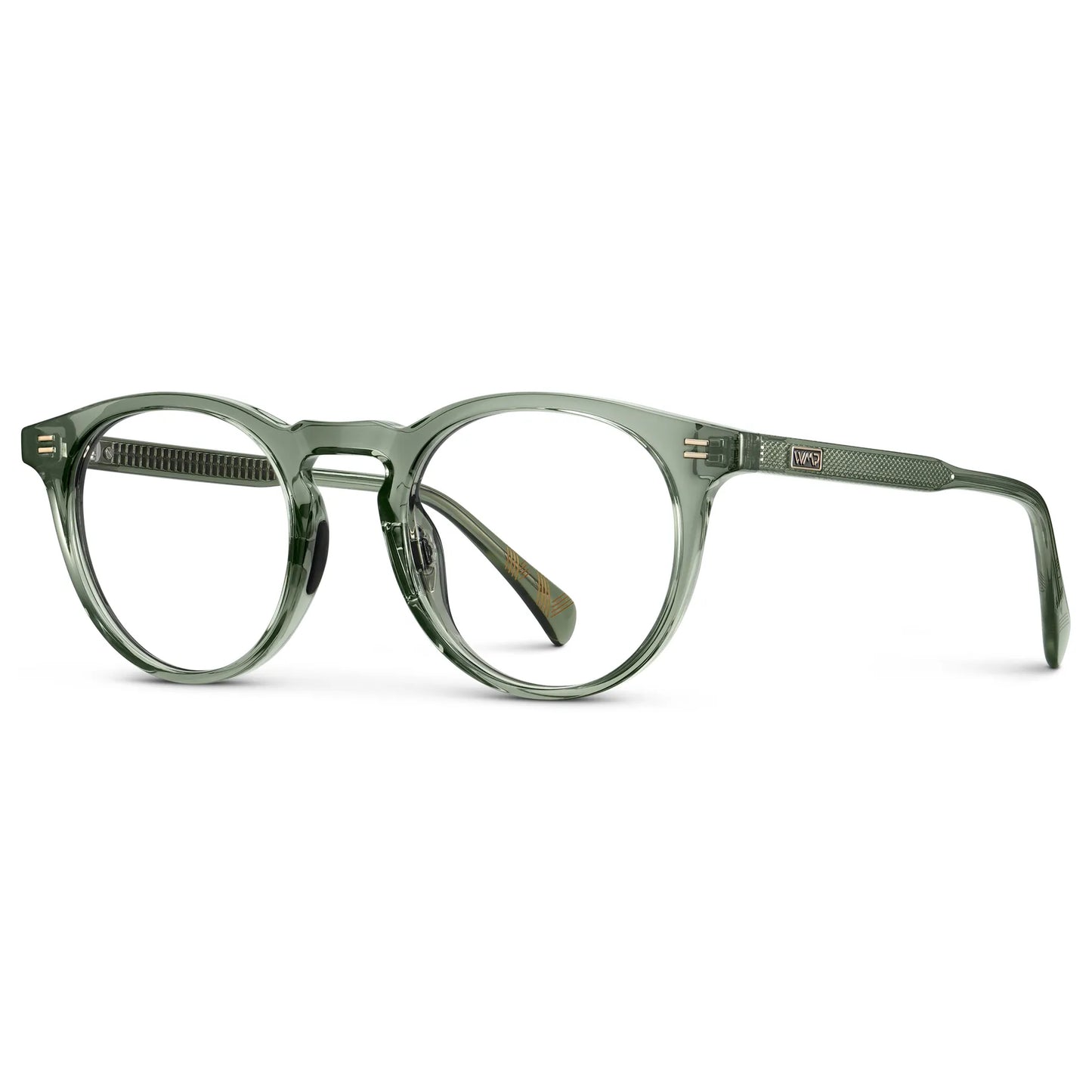 Agave Green || Side view of Men's Round Prescription Glasses with Agave Green Frame and Clear Lens on a white background