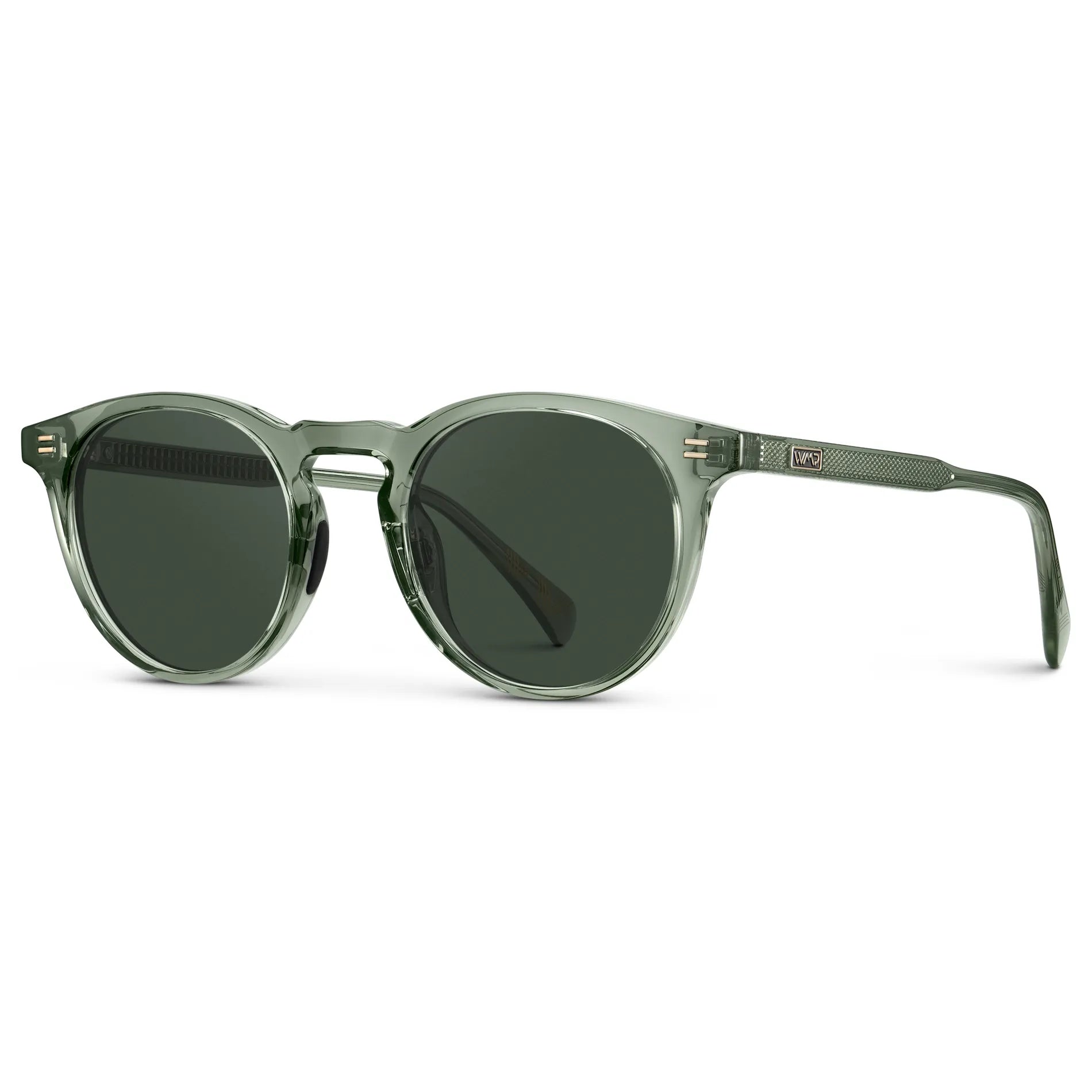 Agave Green / G15 || Side view of Men's Round Prescription Sunglasses with Agave Green Frame and Green Lens on a white background