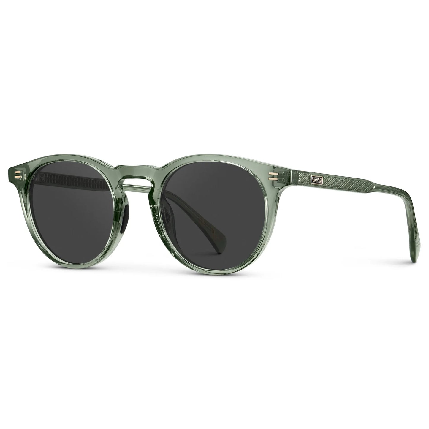Agave Green / Grey || Side view of Men's Round Prescription Sunglasses with Agave Green Frame and Grey Lens on a white background