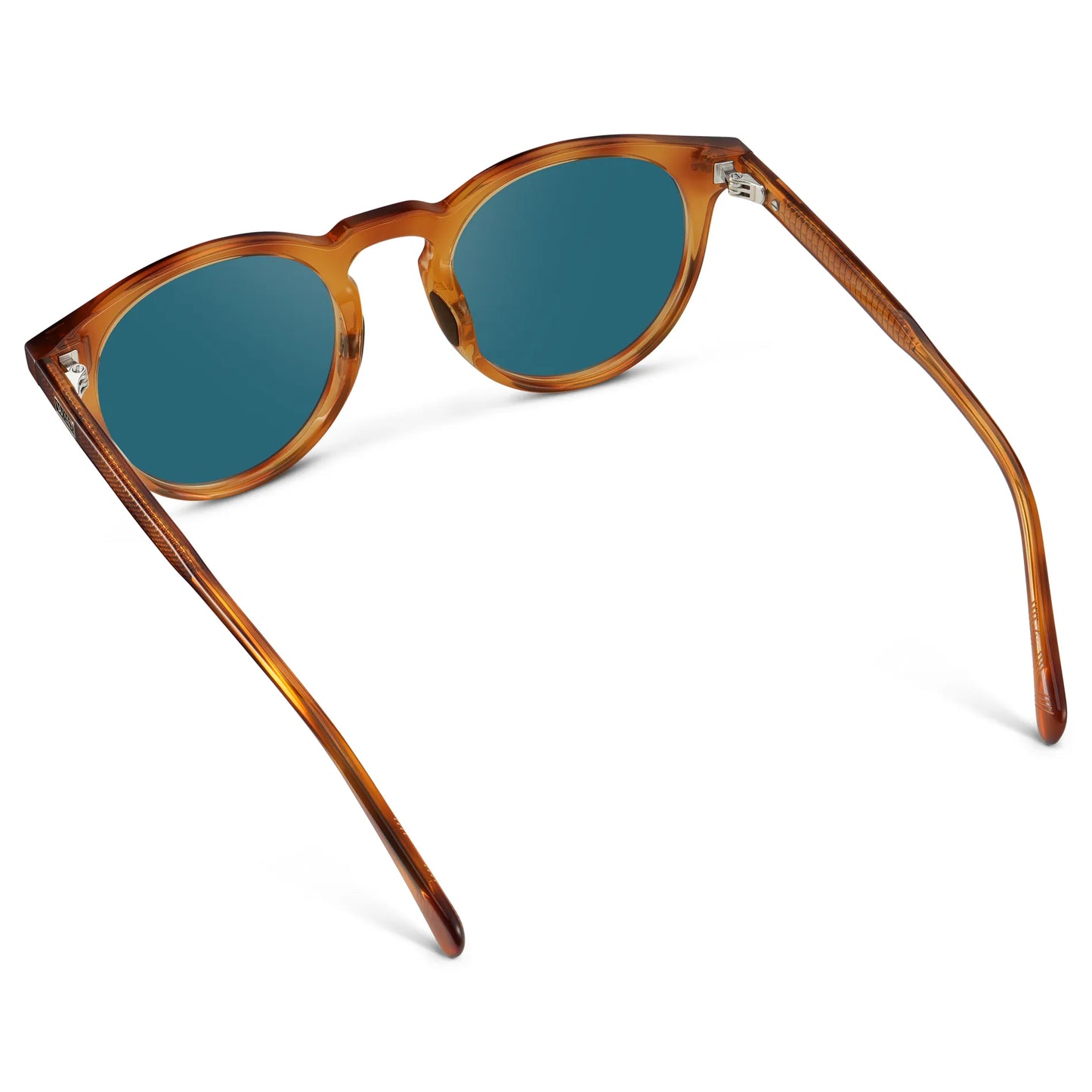 Honey Tortoise / Laguna Blue Lens || Back view of Men's Round Sports Performance Sunglasses with Honey Tortoise Acetate Frame and Laguna Blue Polarized Oleophobic Lens on a white background