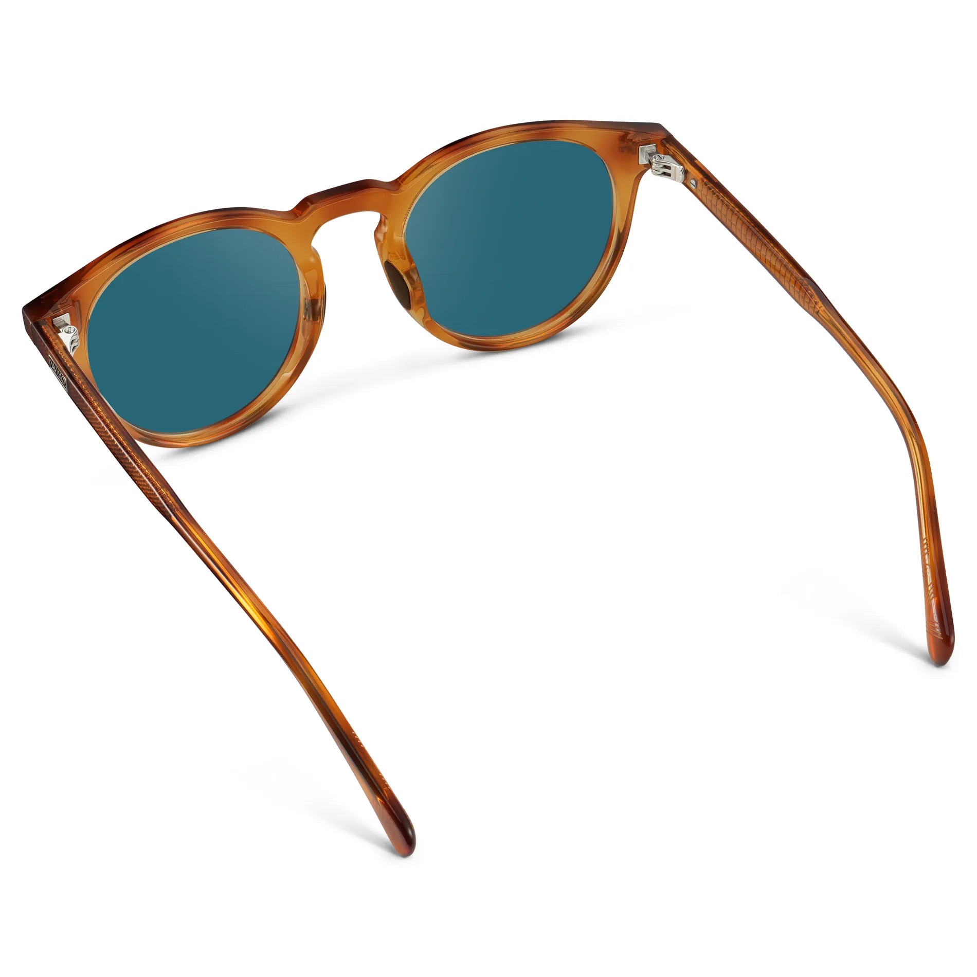 Honey Tortoise / Laguna Blue Lens || Back view of Men's Round Sports Performance Sunglasses with Honey Tortoise Acetate Frame and Laguna Blue Polarized Oleophobic Lens on a white background