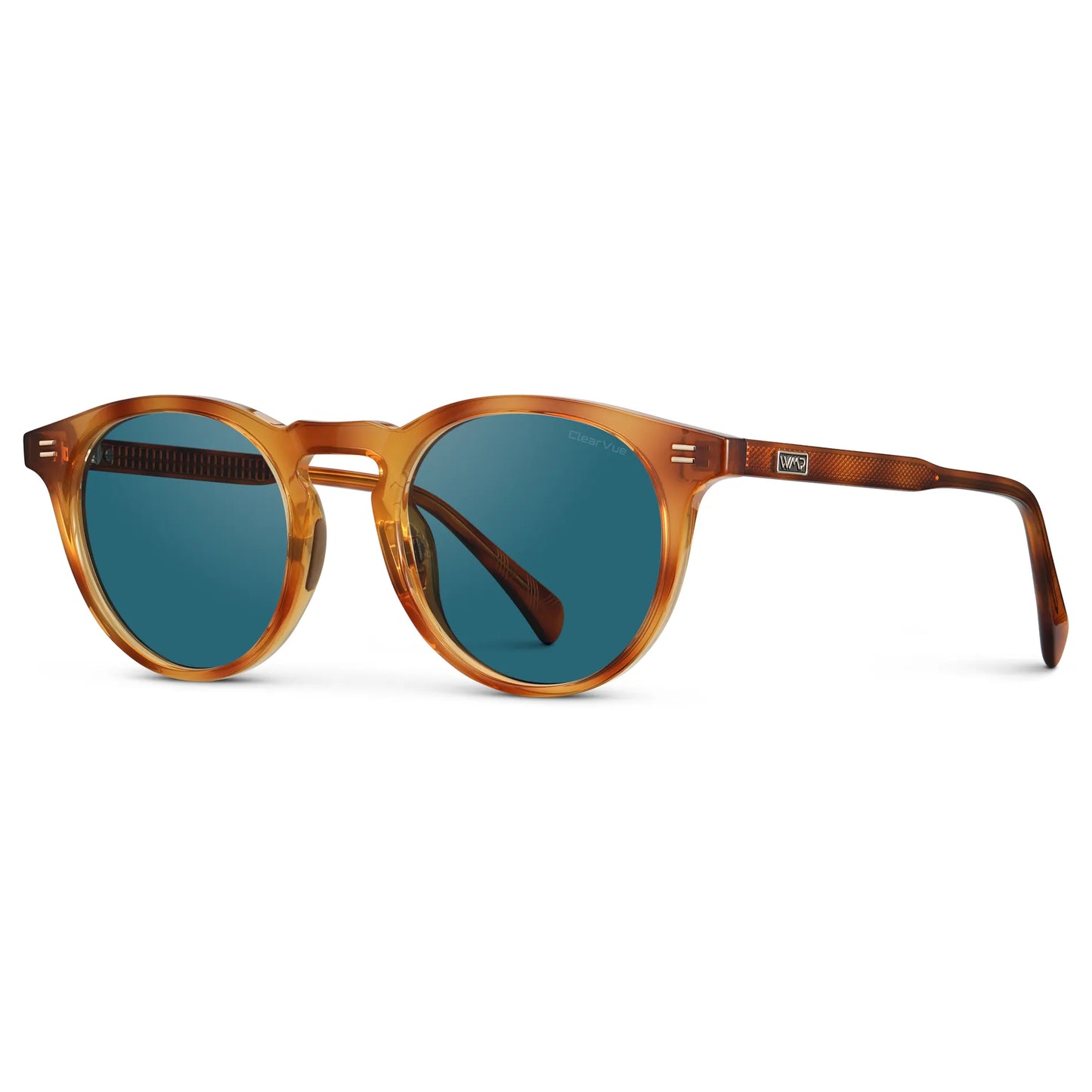 Honey Tortoise / Laguna Blue Lens || Side view of Men's Round Sports Performance Sunglasses with Honey Tortoise Acetate Frame and Laguna Blue Polarized Oleophobic Lens on a white background