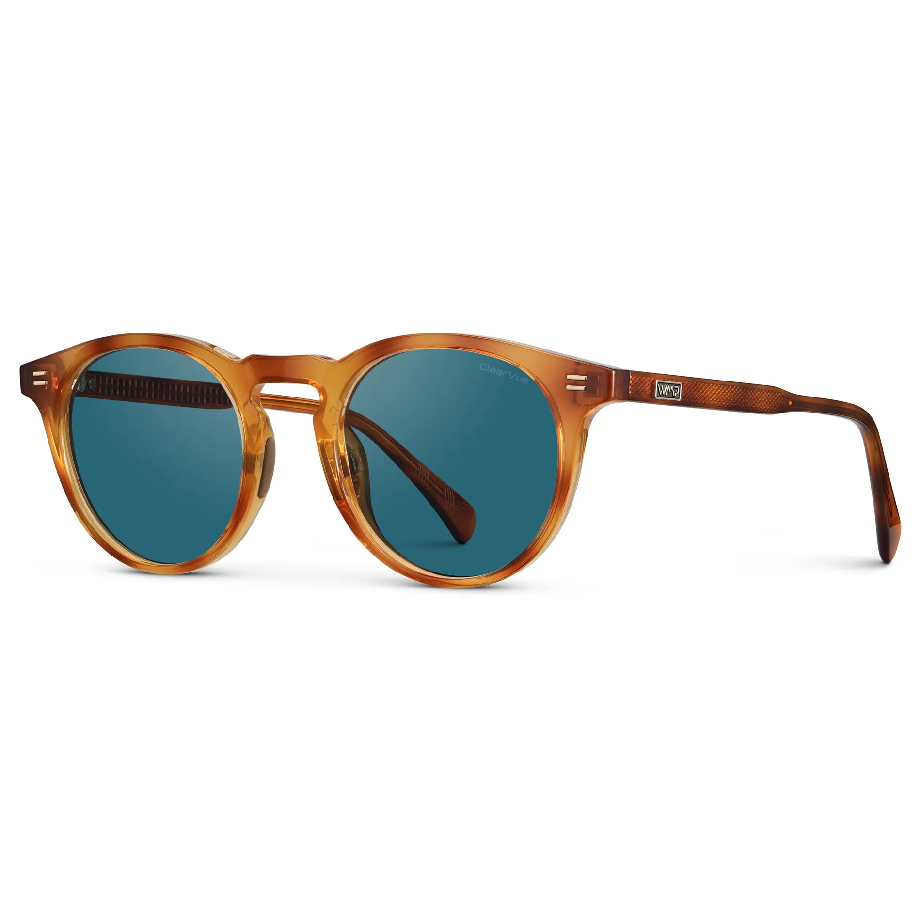 Honey Tortoise / Laguna Blue Lens || Side view of Men's Round Sports Performance Sunglasses with Honey Tortoise Acetate Frame and Laguna Blue Polarized Oleophobic Lens on a white background