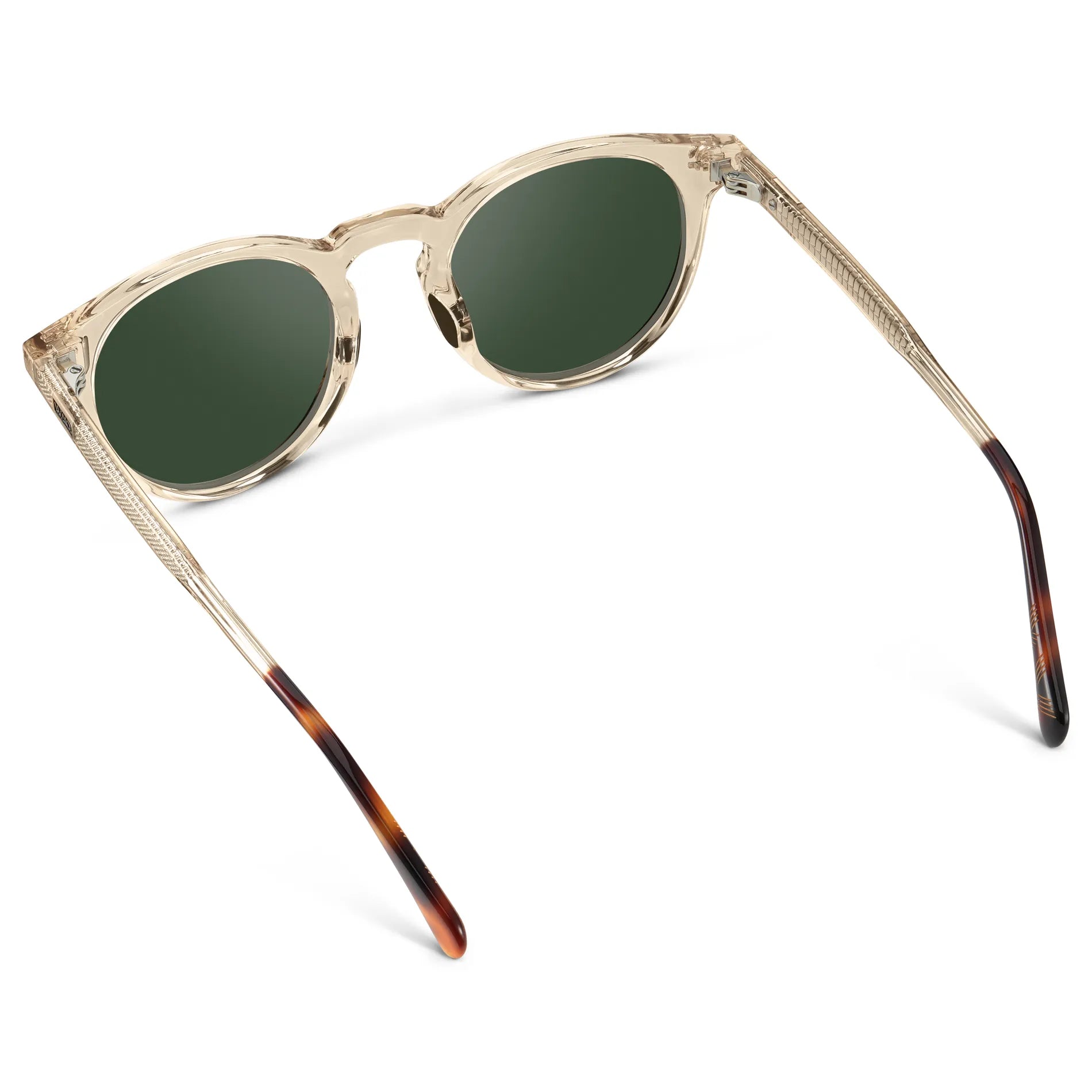 Crystal Sand Brown / Smoke Green Lens || Back view of Men's Round Sports Performance Sunglasses with Crystal Sand Brown Acetate Frame and Smoke Green Polarized Oleophobic Lens on a white background     