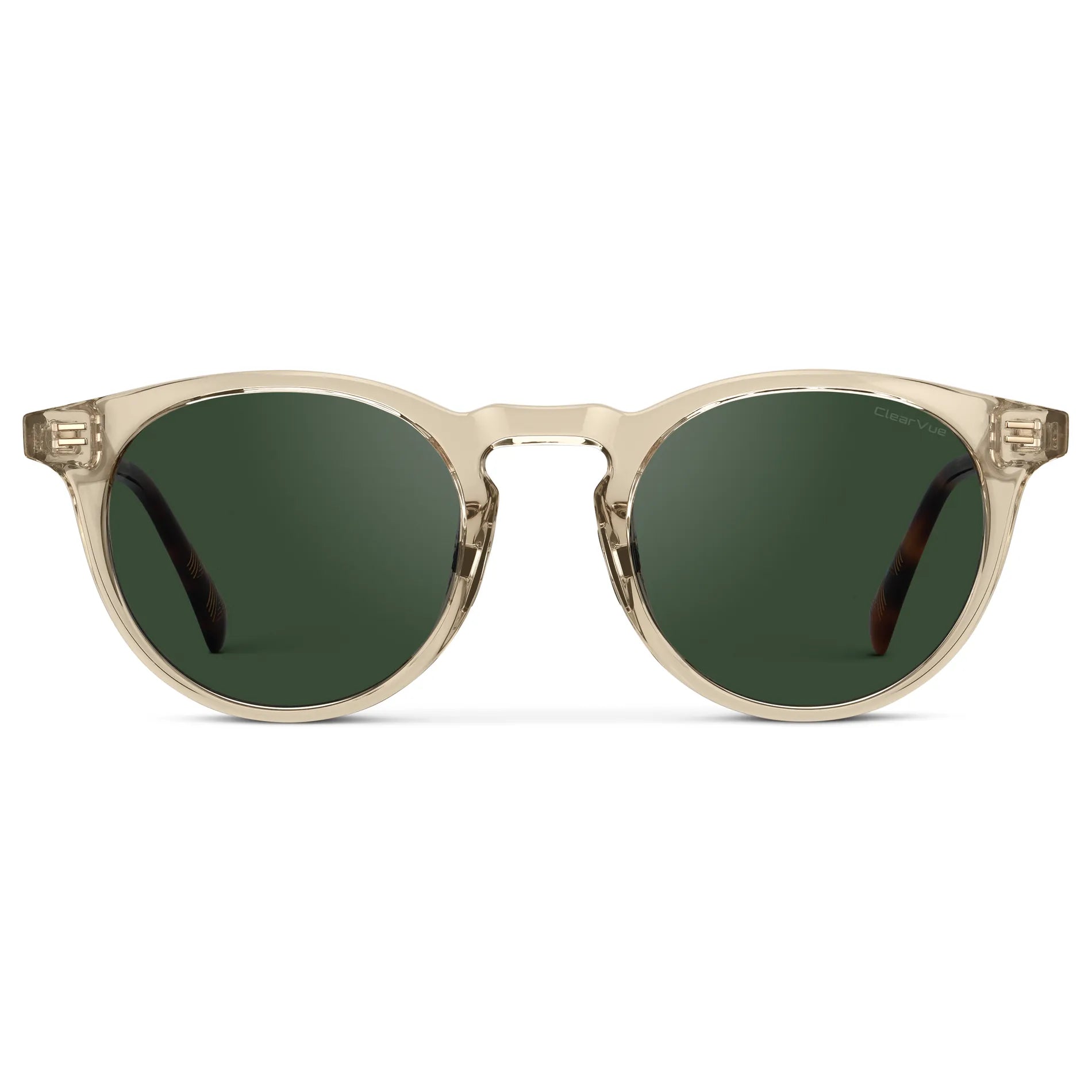Crystal Sand Brown / Smoke Green Lens || Men's Round Sports Performance Sunglasses with Crystal Sand Brown Acetate Frame and Smoke Green Polarized Oleophobic Lens on a white background     