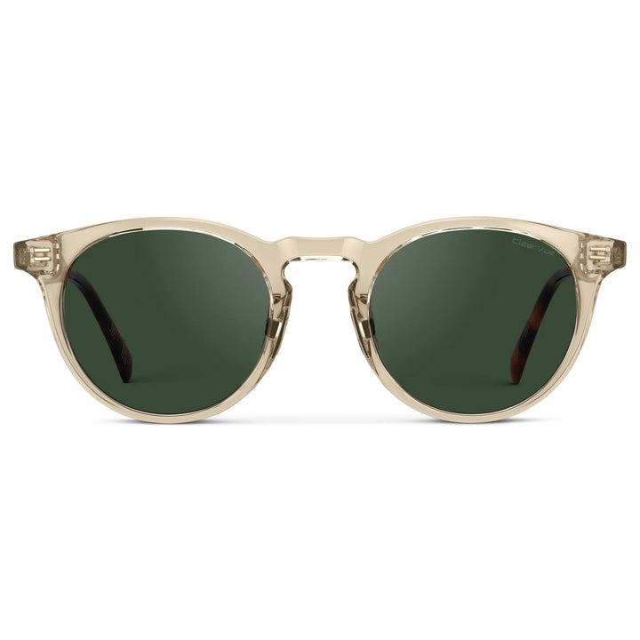 Crystal Sand Brown / Smoke Green Lens || Men's Round Sports Performance Sunglasses with Crystal Sand Brown Acetate Frame and Smoke Green Polarized Oleophobic Lens on a white background     