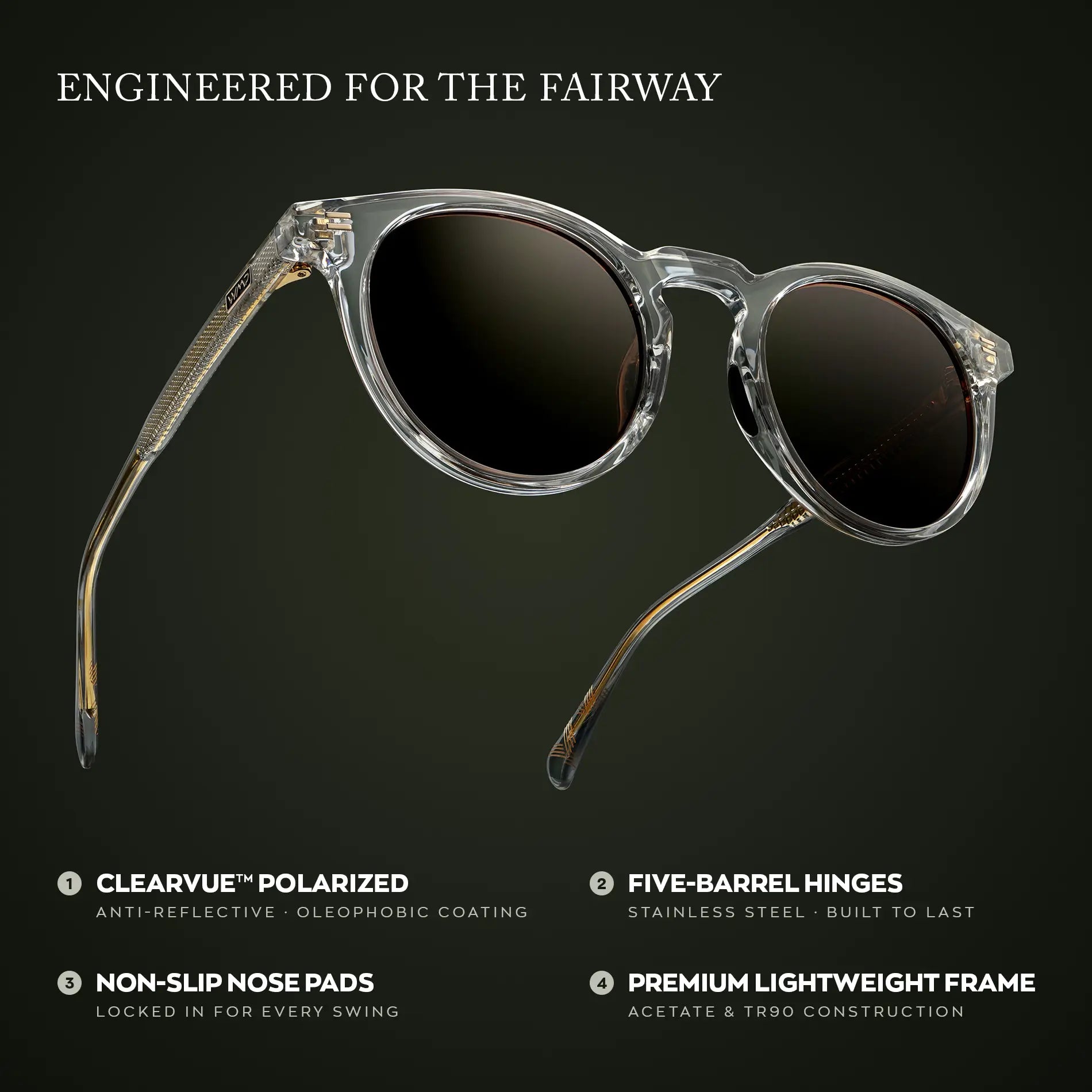 Crystal Ice Grey / Brown Lens || Graphic of Men's Round Sports Performance Sunglasses with Polarized Oleophobic Lens on a white background