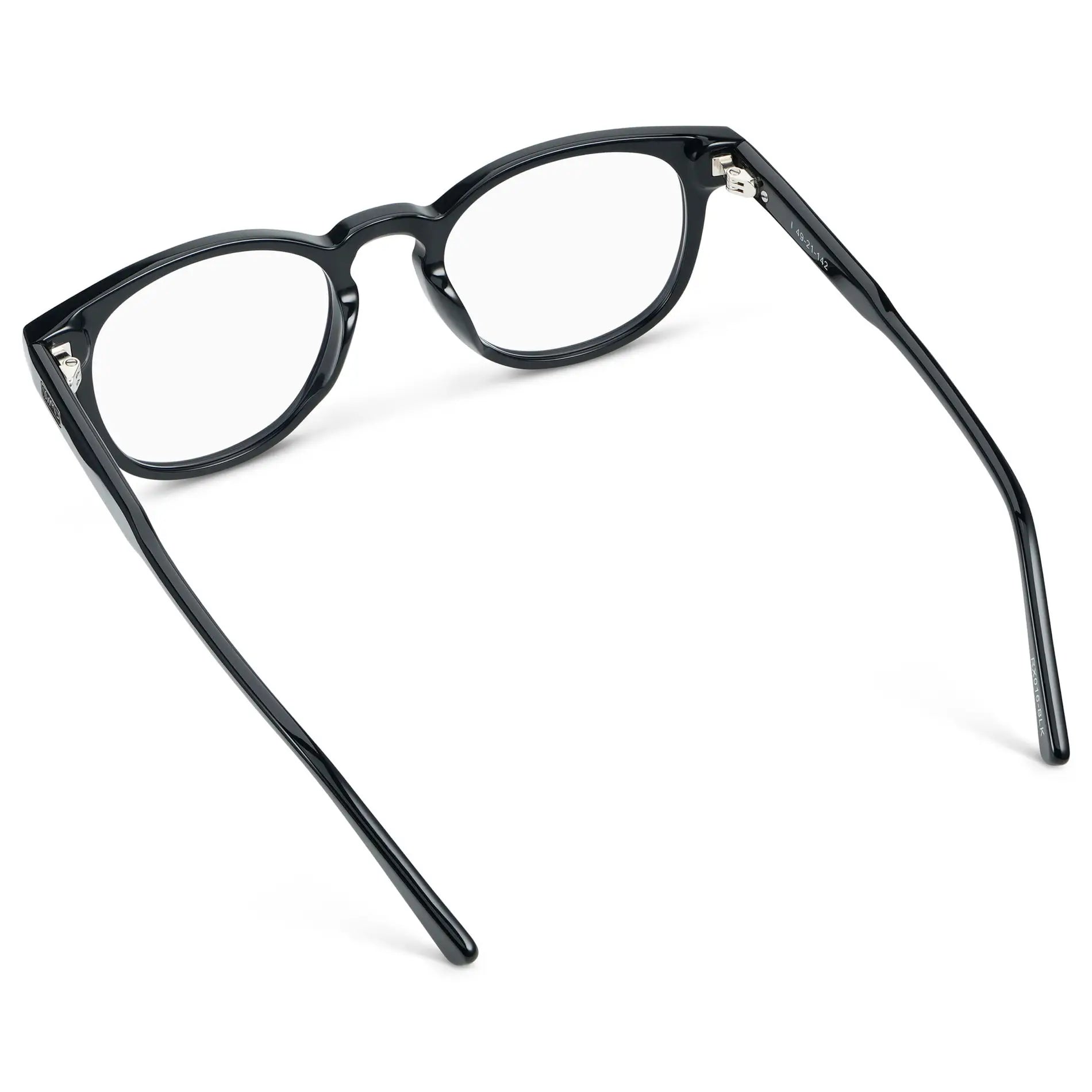 Black || Back view of Unisex Round Blue Light Blocking Glasses with Black Acetate Frame and Clear Lens on a white background