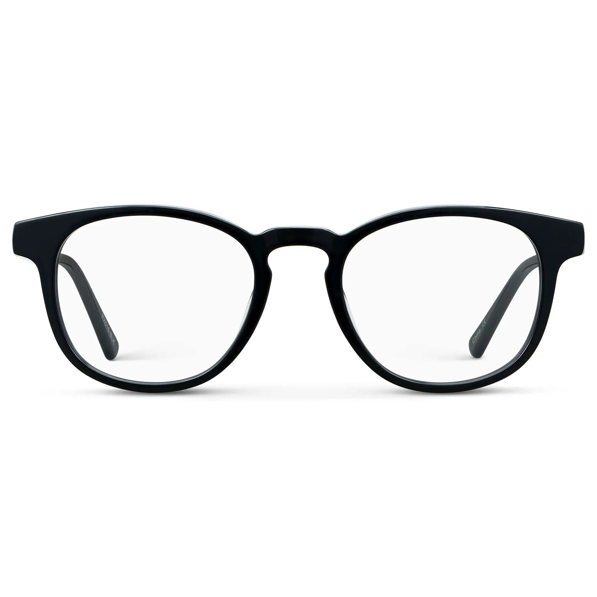 Black || Unisex Round Blue Light Blocking Glasses with Black Acetate Frame and Clear Lens on a white background