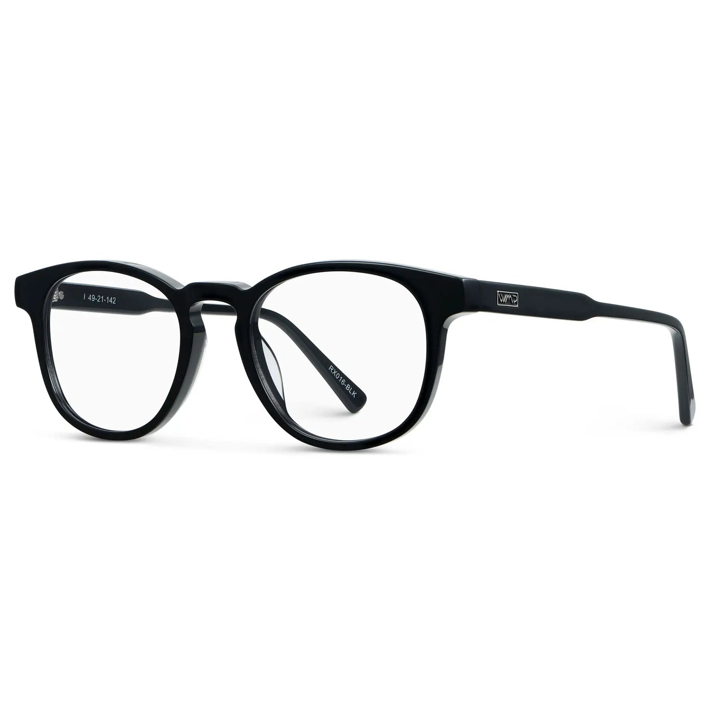 Black || Side view of Unisex Round Blue Light Blocking Glasses with Black Acetate Frame and Clear Lens on a white background