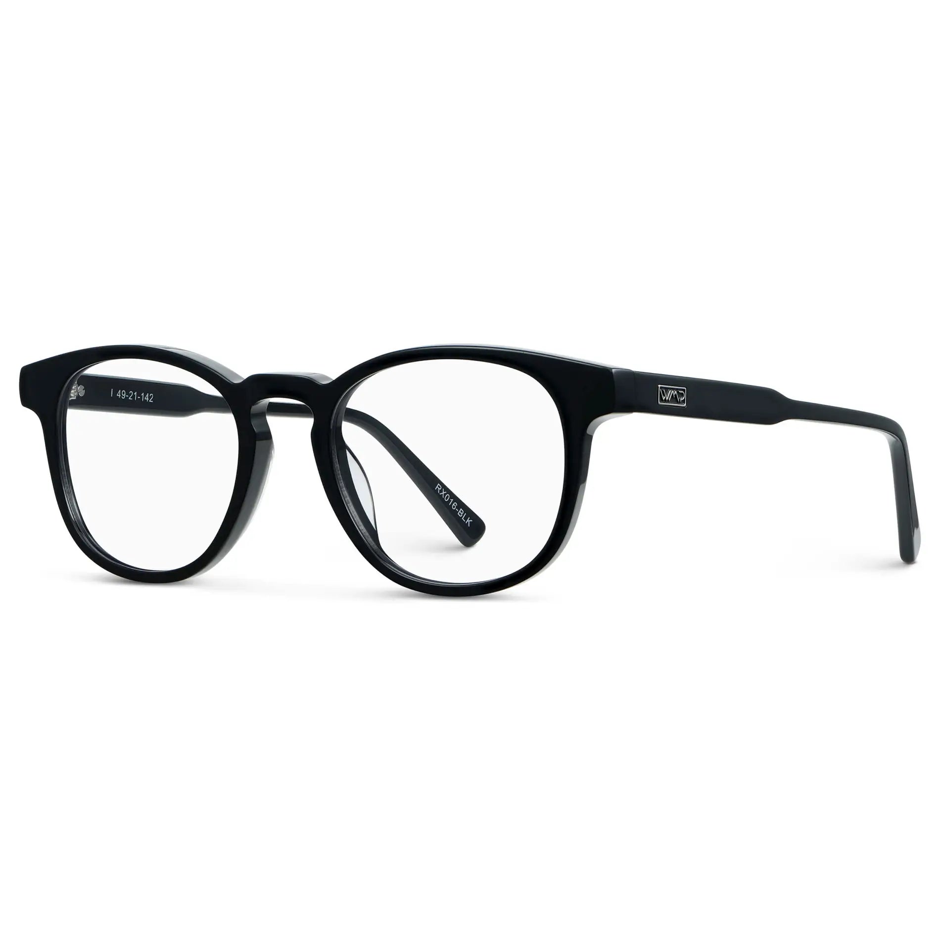 Black || Side view of Unisex Round Blue Light Blocking Glasses with Black Acetate Frame and Clear Lens on a white background