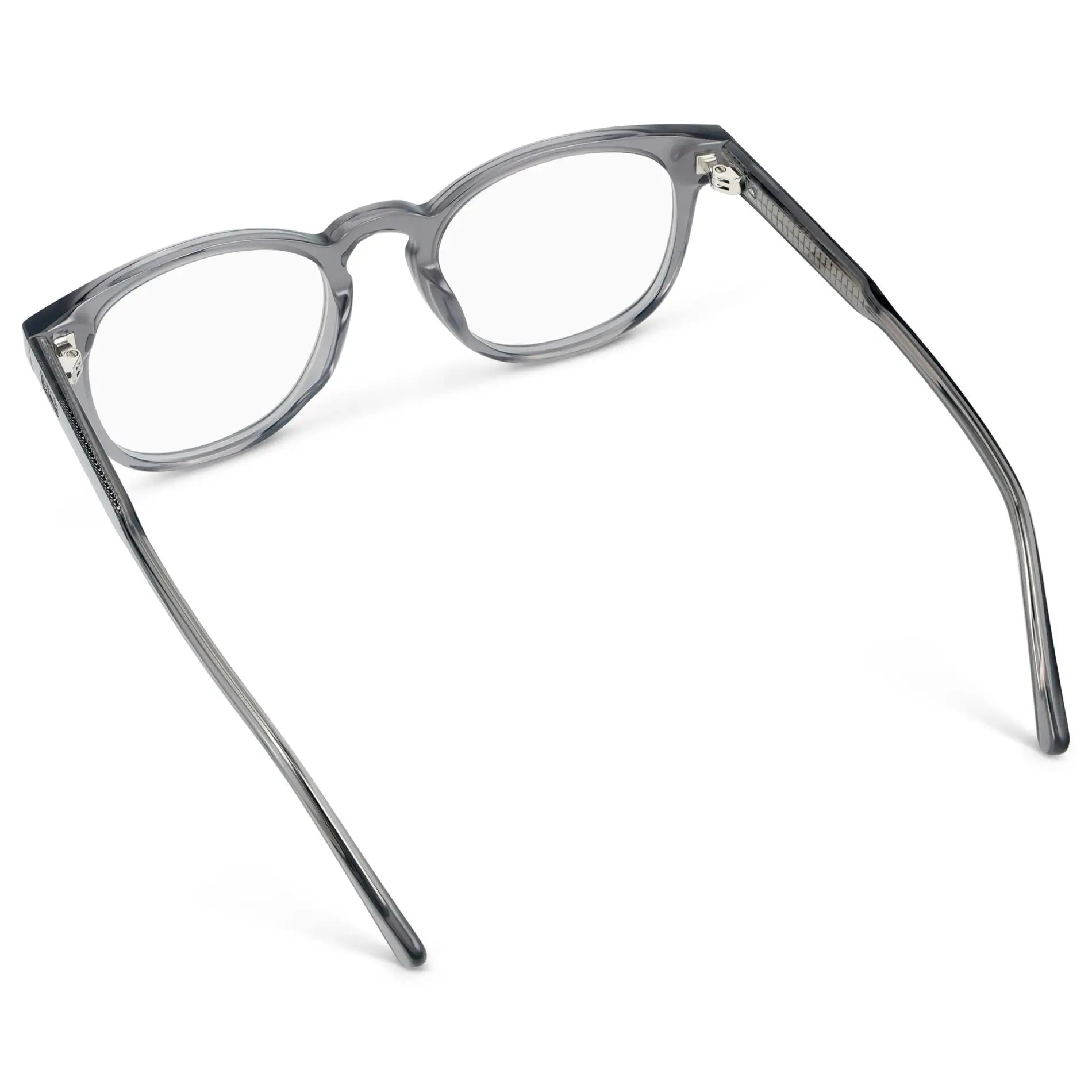 Crystal Grey || Back view of Unisex Round Eyeglasses with Crystal Grey Acetate Frame and Clear Prescription Lens on a white background