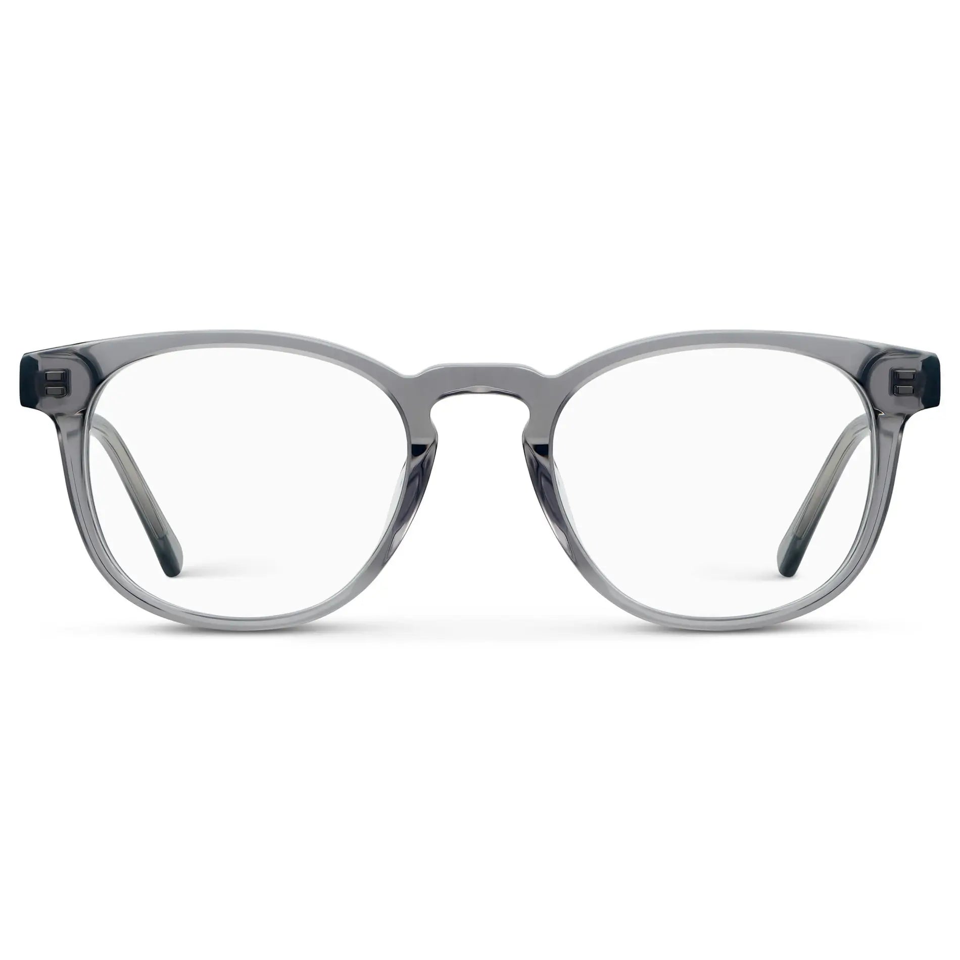 Crystal Grey || Unisex Round Blue Light Blocking Glasses with Crystal Grey Acetate Frame and Clear Lens on a white background