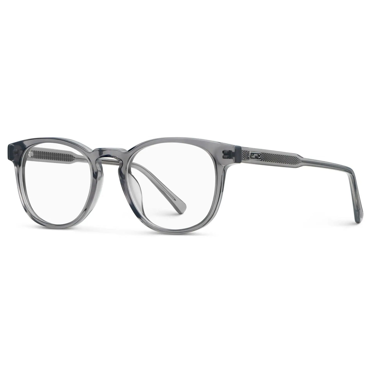 Crystal Grey || Side view of Unisex Round Blue Light Blocking Glasses with Crystal Grey Acetate Frame and Clear Lens on a white background