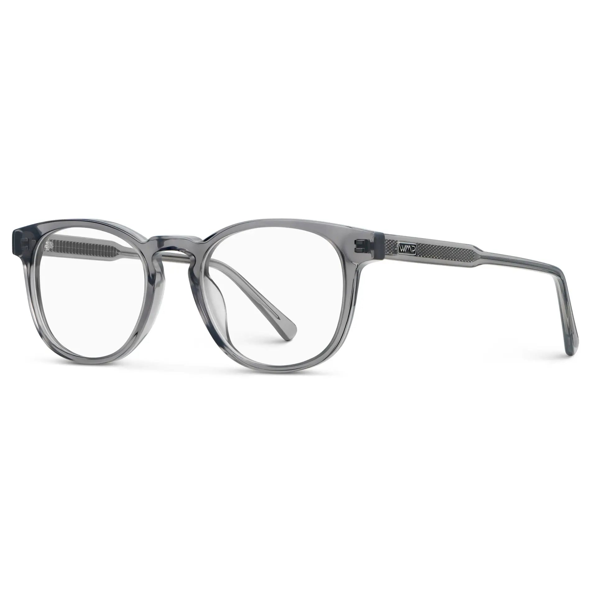 Crystal Grey || Side view of Unisex Round Blue Light Blocking Glasses with Crystal Grey Acetate Frame and Clear Lens on a white background