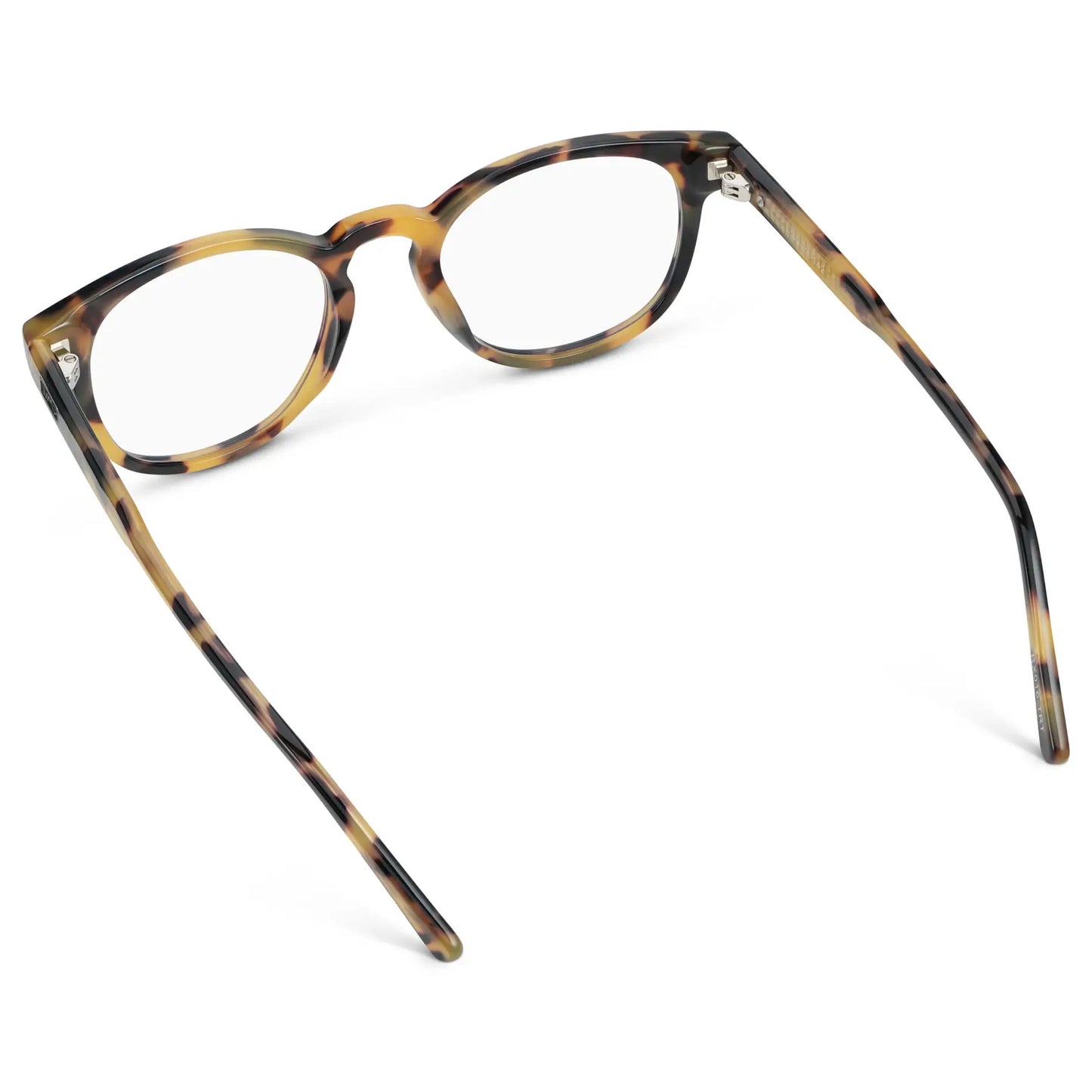 Dune Tortoise || Back view of Unisex Round Eyeglasses with Dune Tortoise Acetate Frame and Clear Prescription Lens on a white background